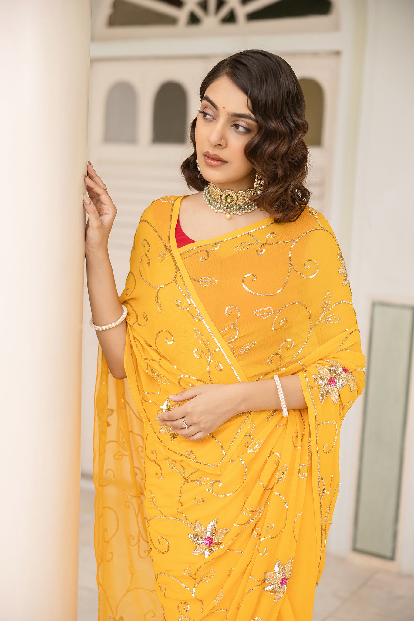 Yellow Kesariya Pure Chiffon Aari Sequins  Handwork  Saree