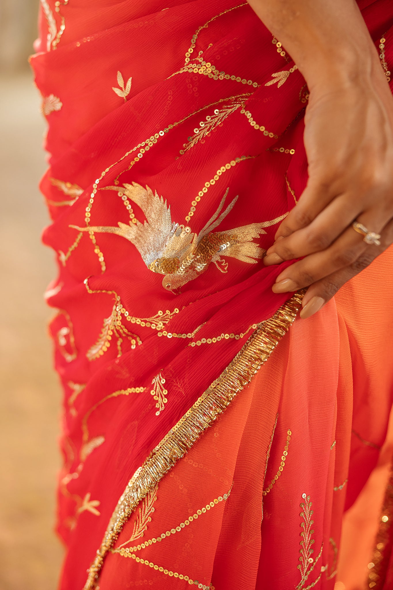 Red Orange Shaded Pure Chiffon Aari Sequins Jaal Handwork  Saree