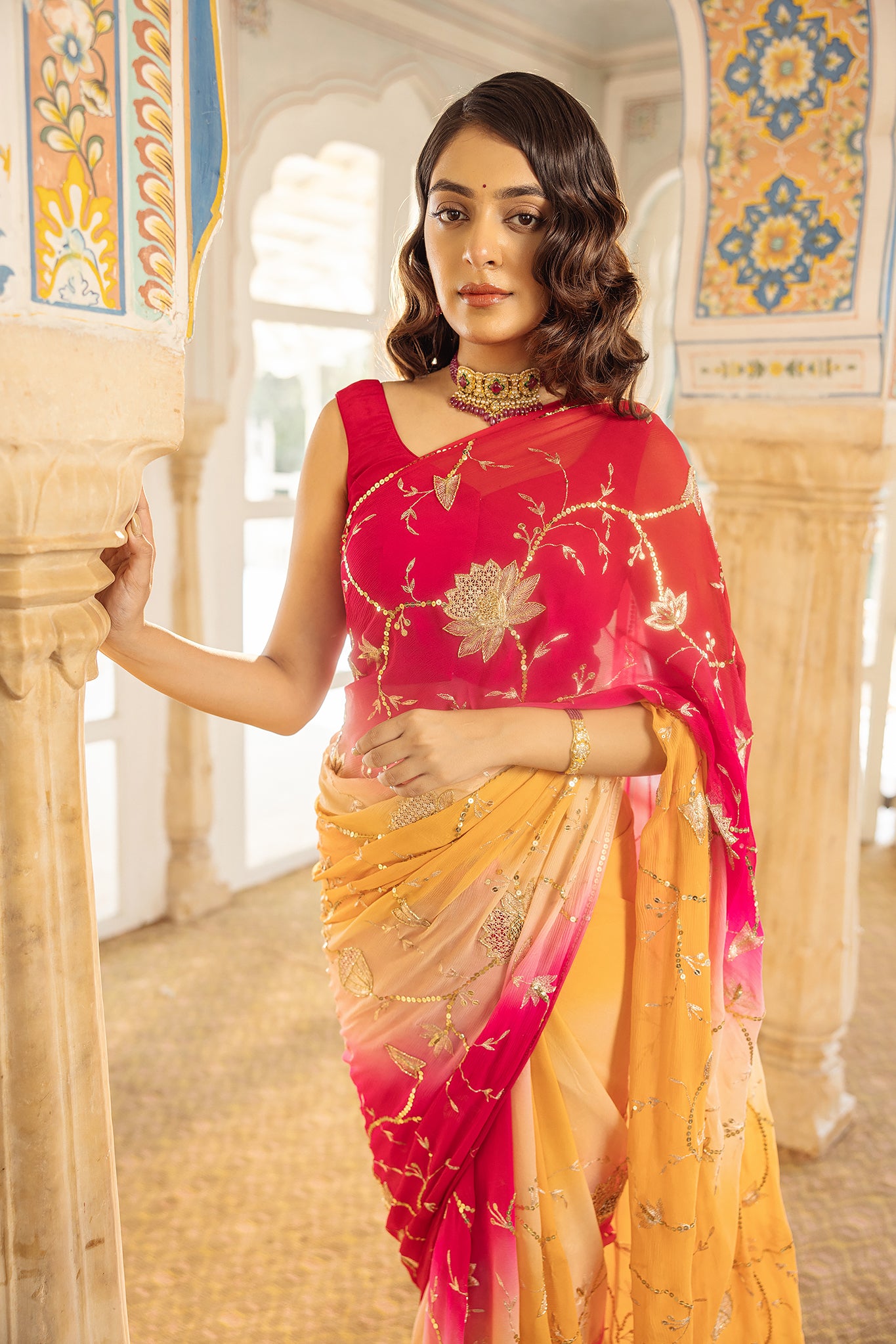 Rani Peach Shaded Pure Chiffon Aari Tari Jaal work Handwork  Saree