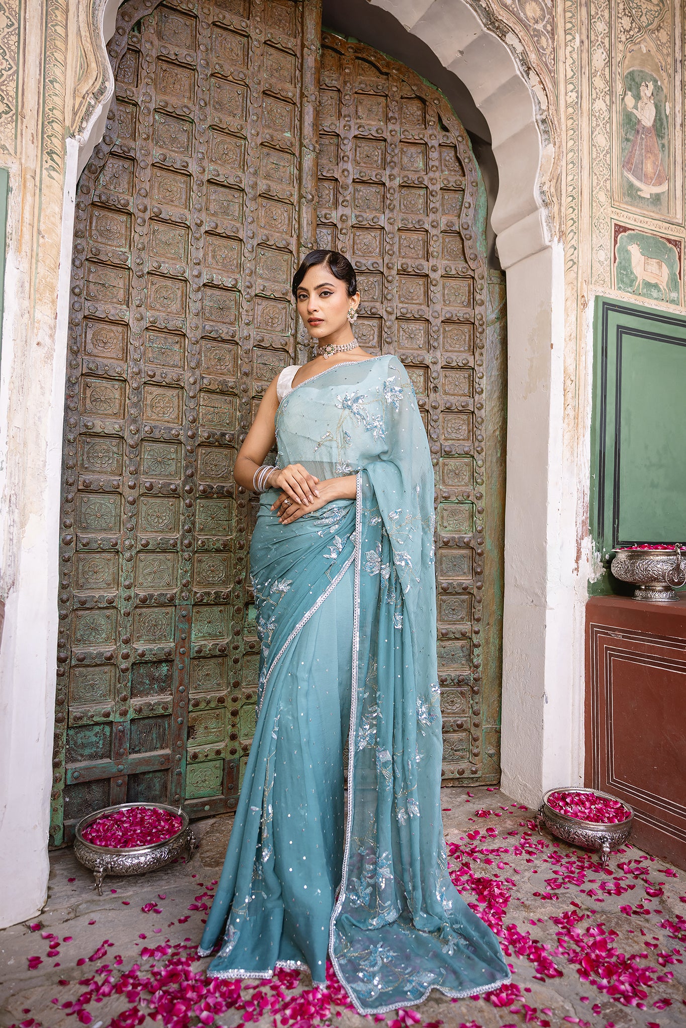 Blue Turquoise Pure Chiffon Aari Sequins Kardana work Handwork  Saree