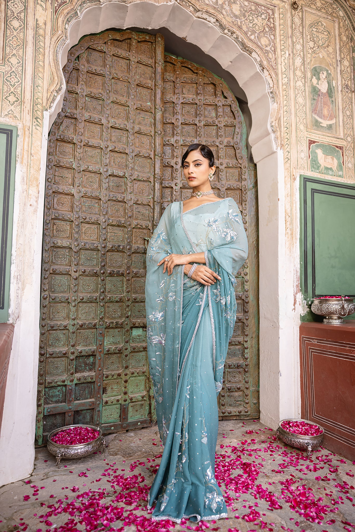 Blue Turquoise Pure Chiffon Aari Sequins Kardana work Handwork  Saree