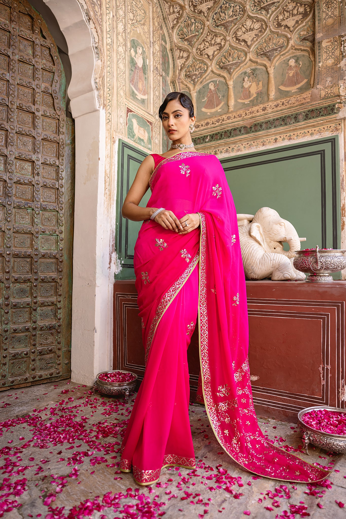 Rani Pink Shaded Pure Georgette Mukaish  Handwork Saree
