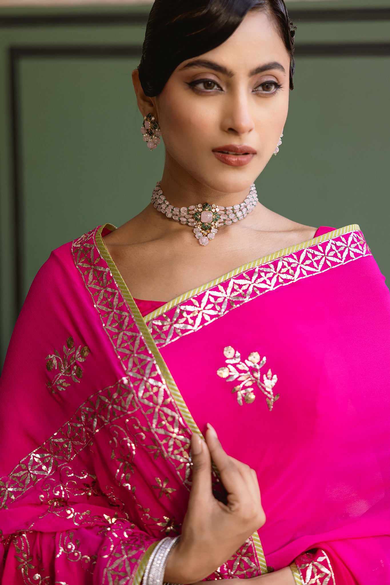 Rani Pink Shaded Pure Georgette Mukaish  Handwork Saree
