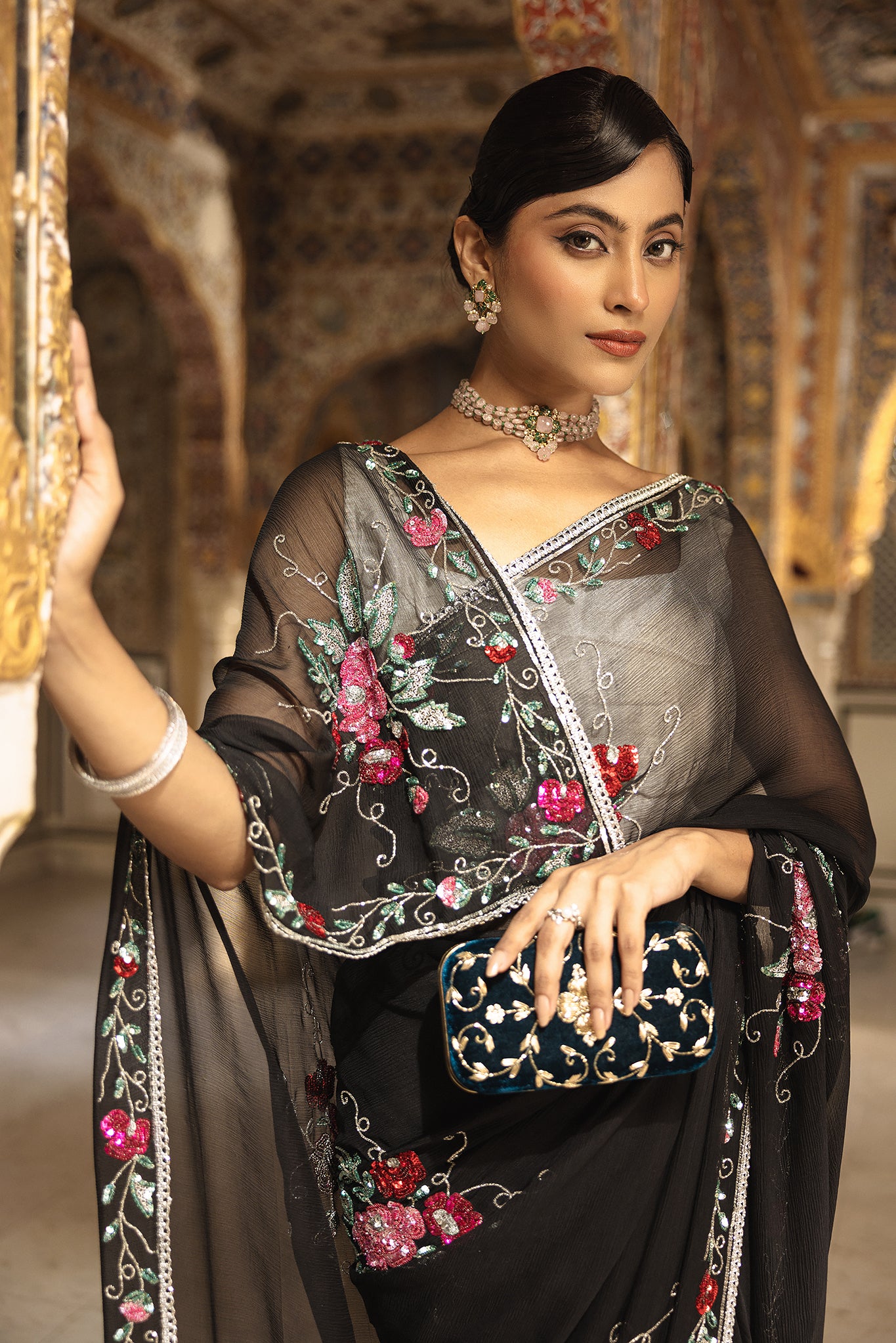 Black Pure Chiffon Sequins Kardana Handwork  Saree