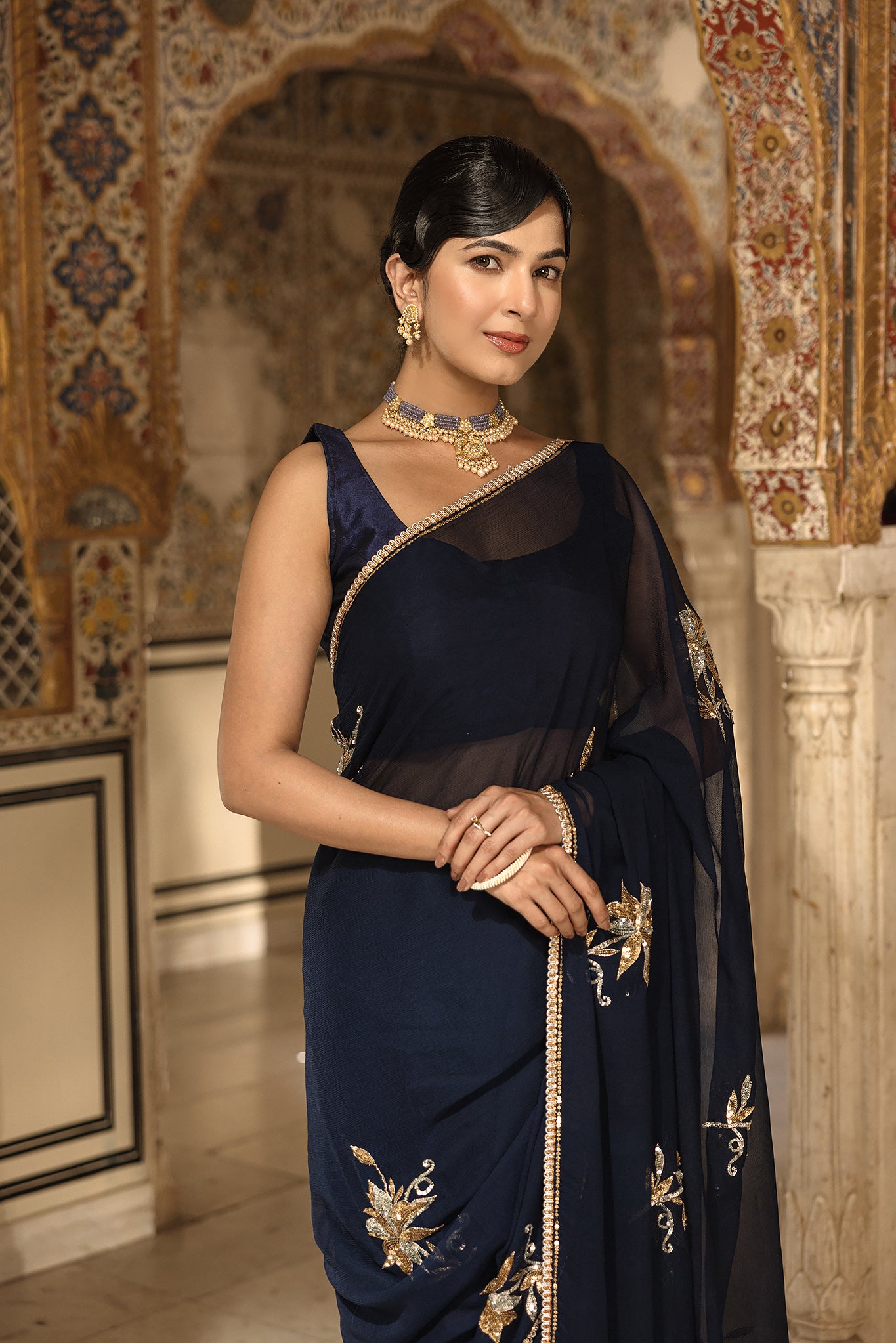Navy Blue Pure Chiffon Aari Sequins Handwork  Saree