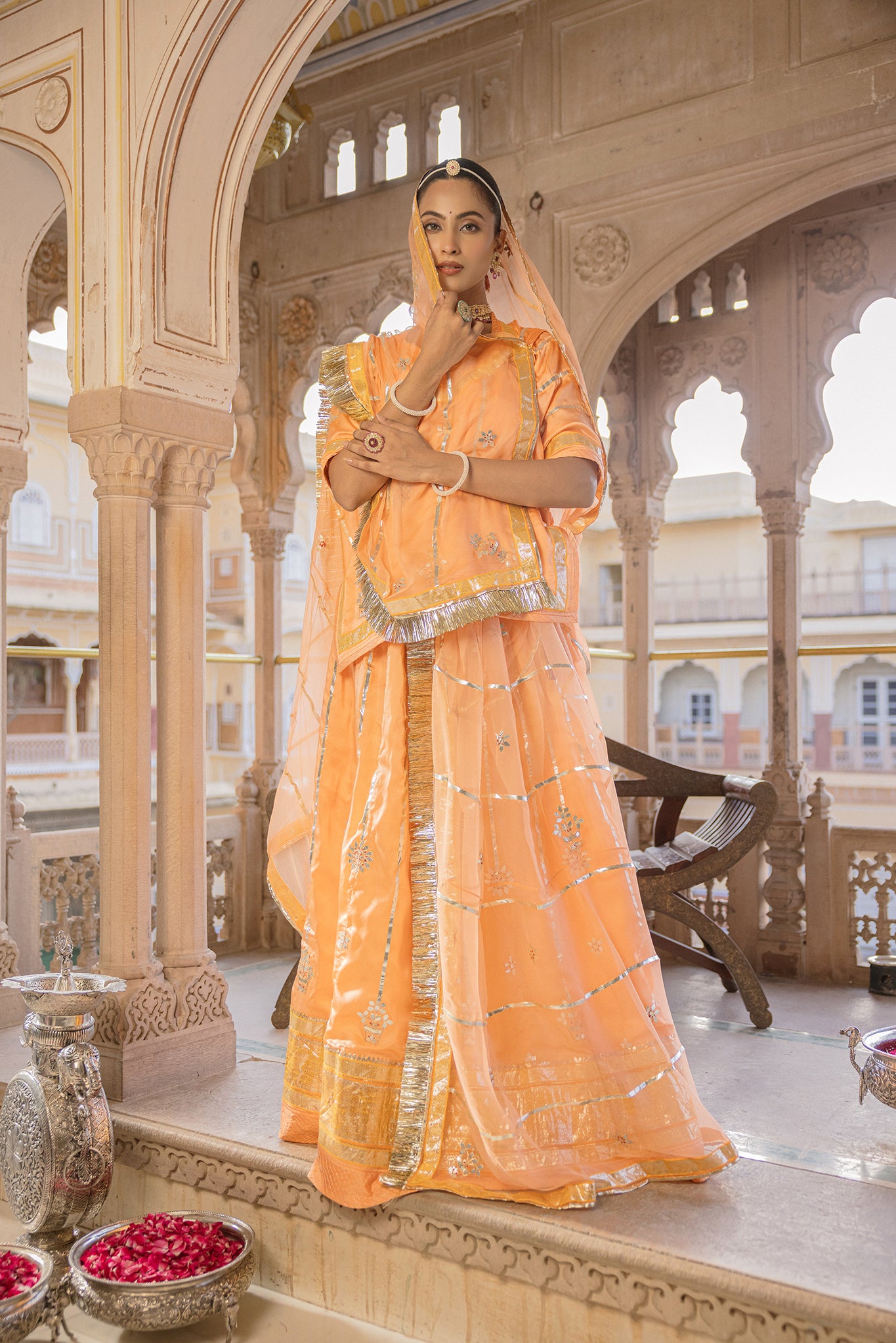 Peach  Bamber Satin Laffa Patti work Handwork  Poshak