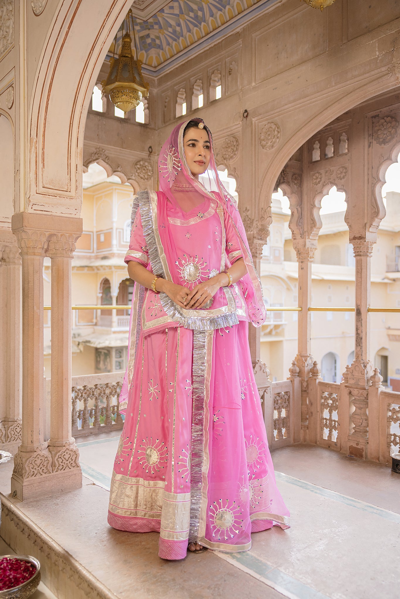 Pink Bamber Satin Laffi Laffa work Handwork  Poshak