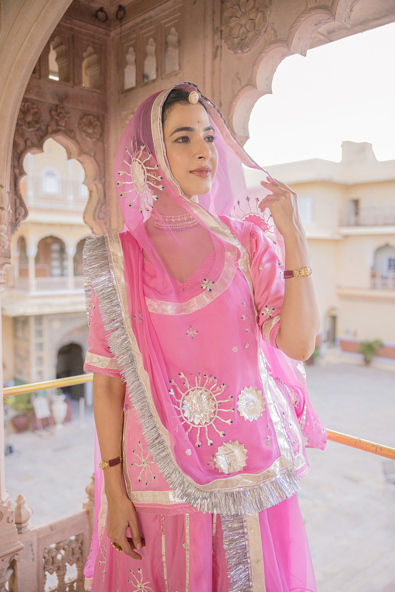 Pink Bamber Satin Laffi Laffa work Handwork  Poshak