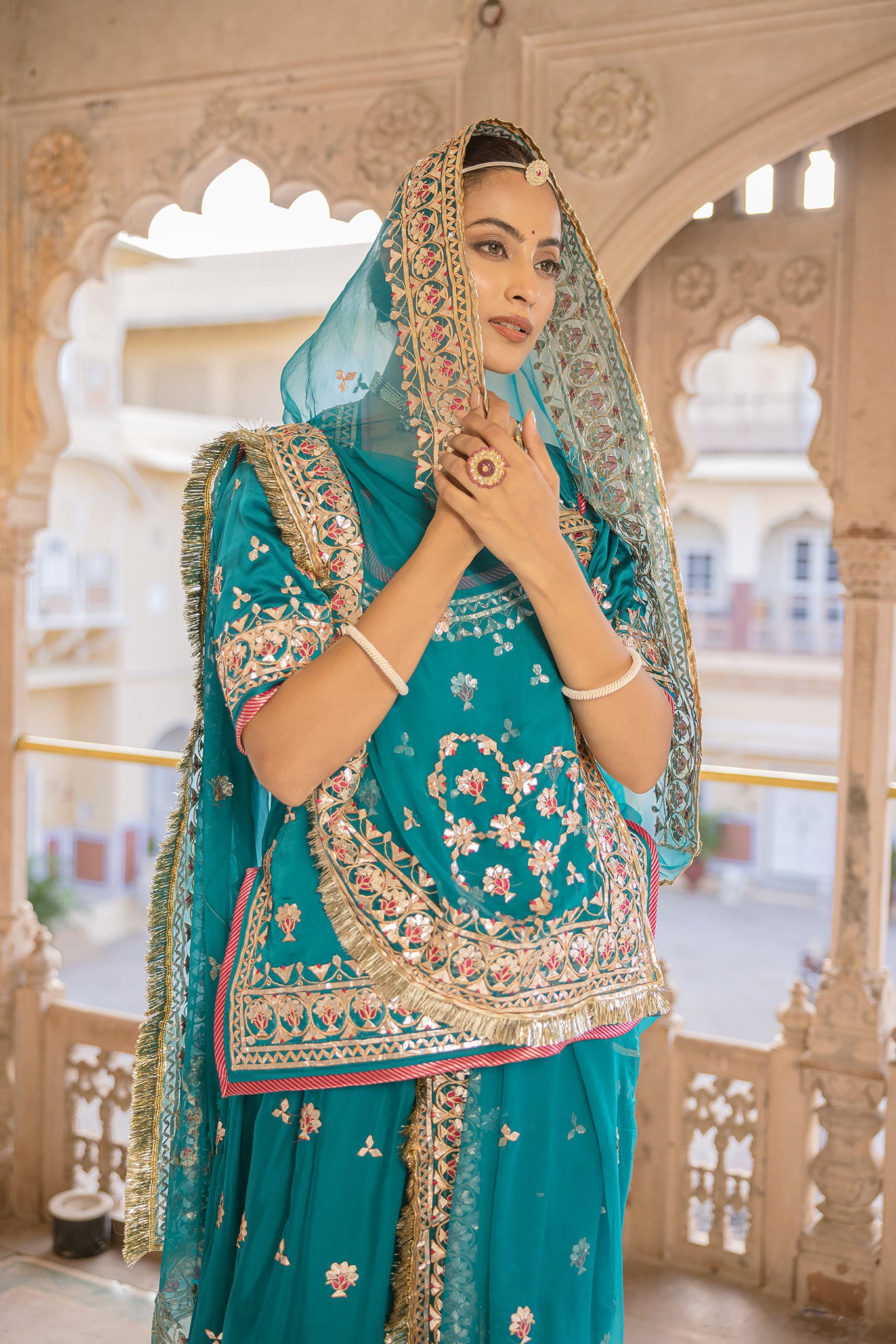 Rama Green Bamber Satin Gotta Patti Mudi work Handwork  Poshak (Unstitched)