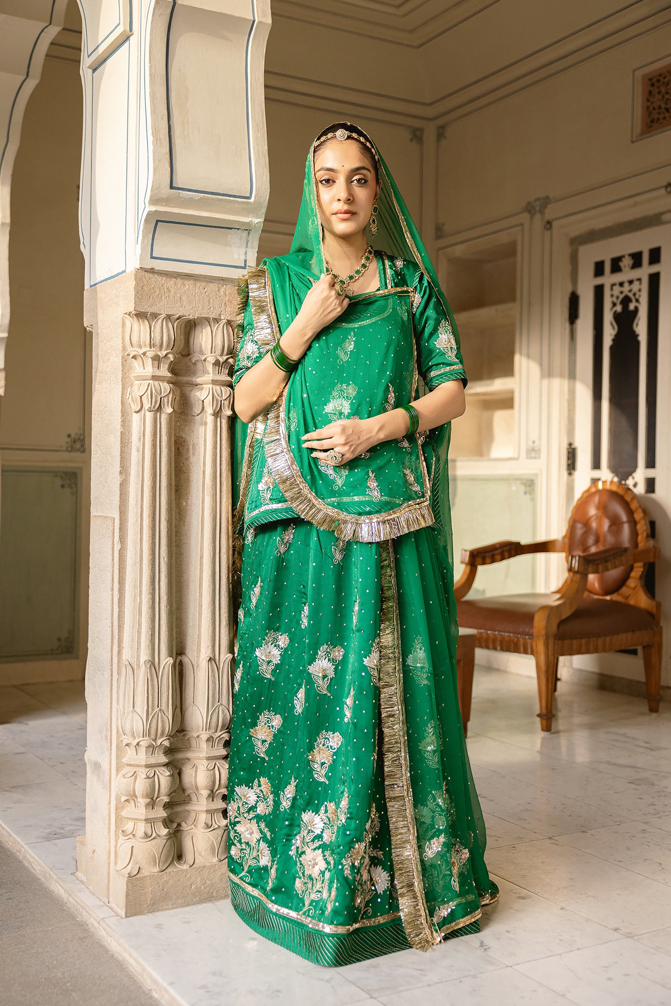 Bottle Green Bamber Satin Aari Sequins Butta work Handwork  Poshak (Unstitched)