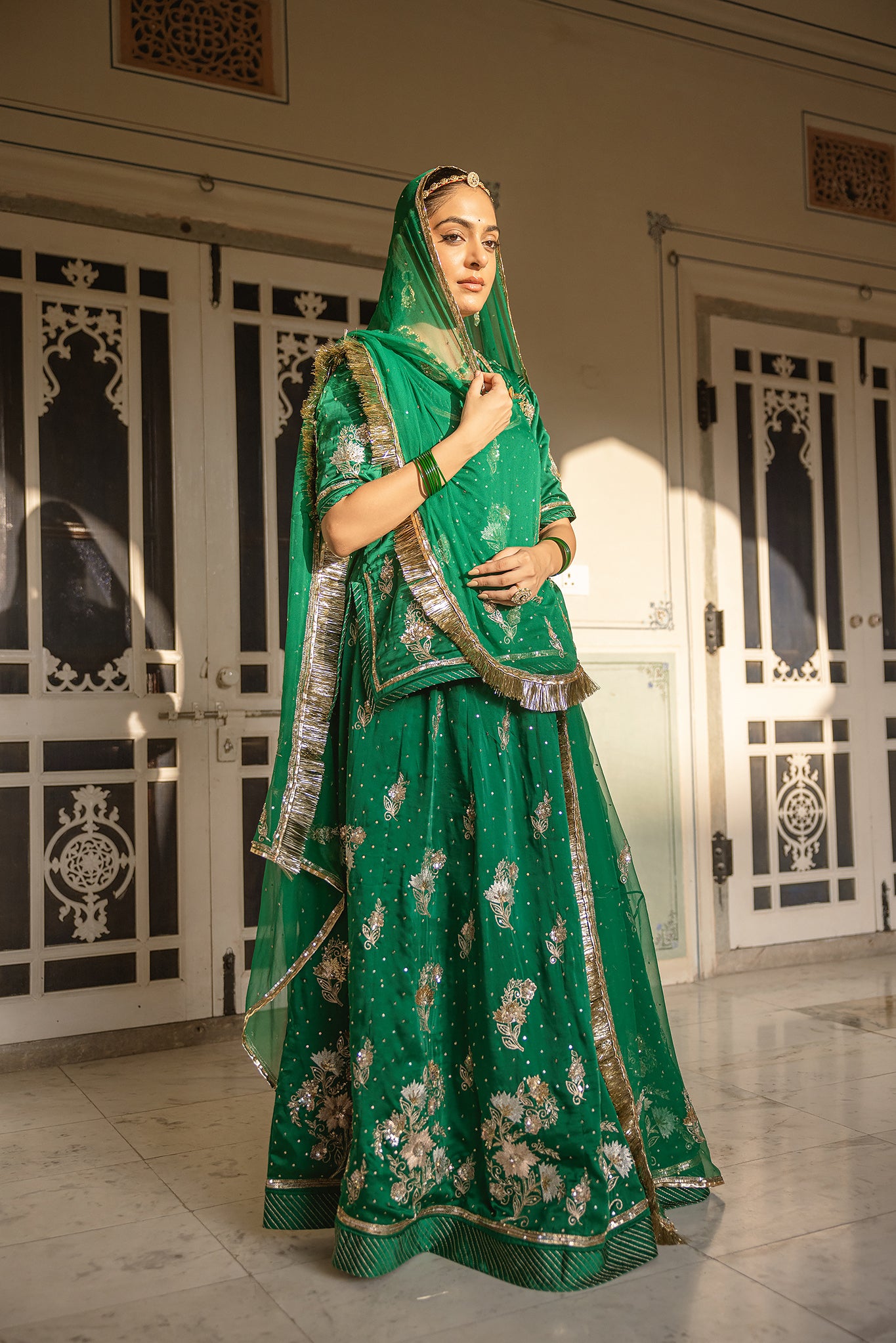 Bottle Green Bamber Satin Aari Sequins Butta work Handwork  Poshak (Unstitched)