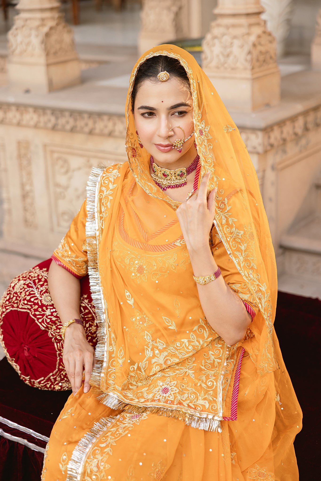 Mustard Yellow Bamber Satin Aari Salma Tari Handwork  Poshak (Unstitched)