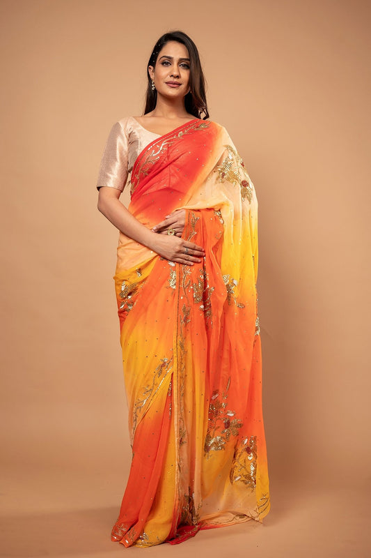 Pure Chiffon Shaded Heavy Work Saree