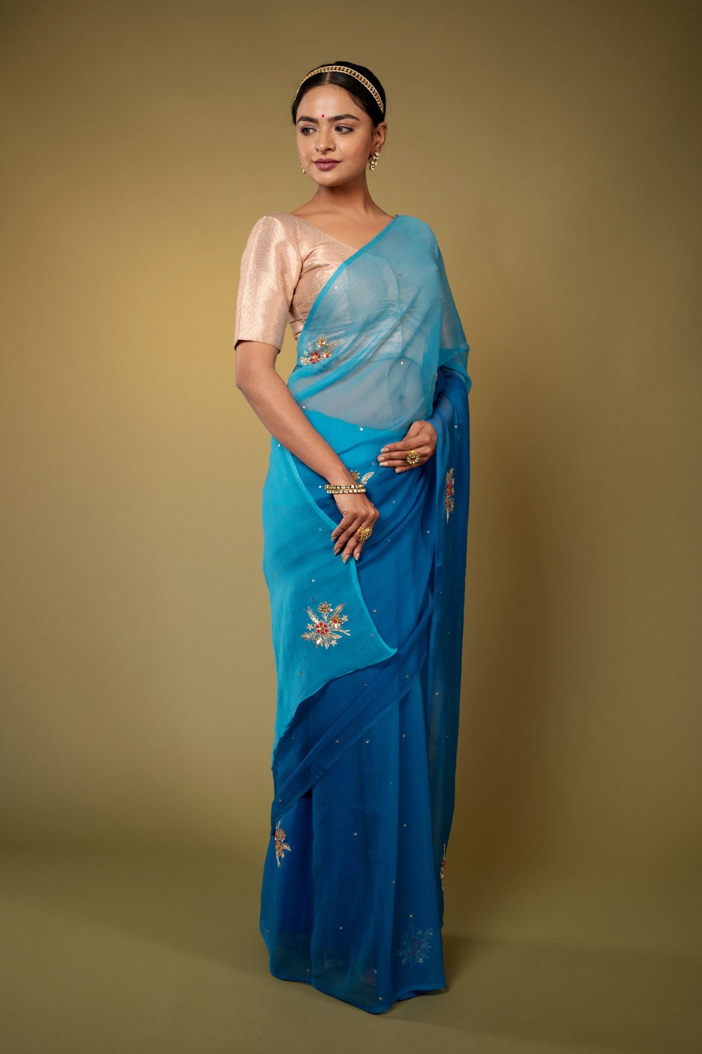 Turquoise  viscose chiffon aari sequins   handwork casual wear saree