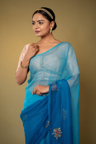 Blue Aari sequins Butta work viscose Chiffon Saree