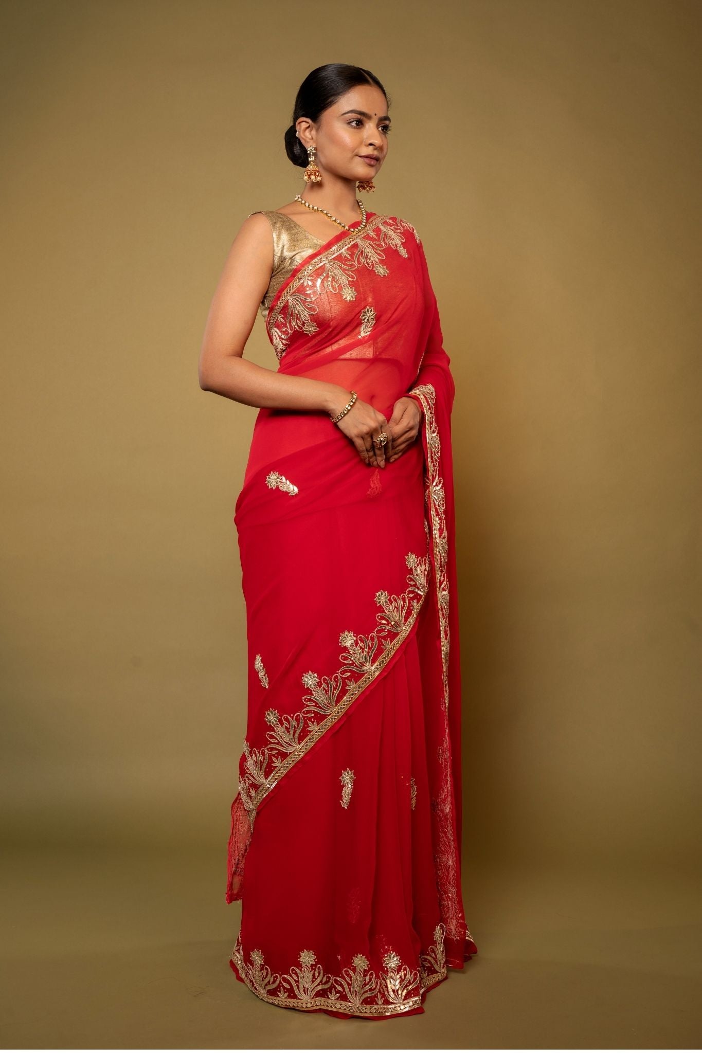 red Viscose Chiffon aari sequins  handwork party wear saree