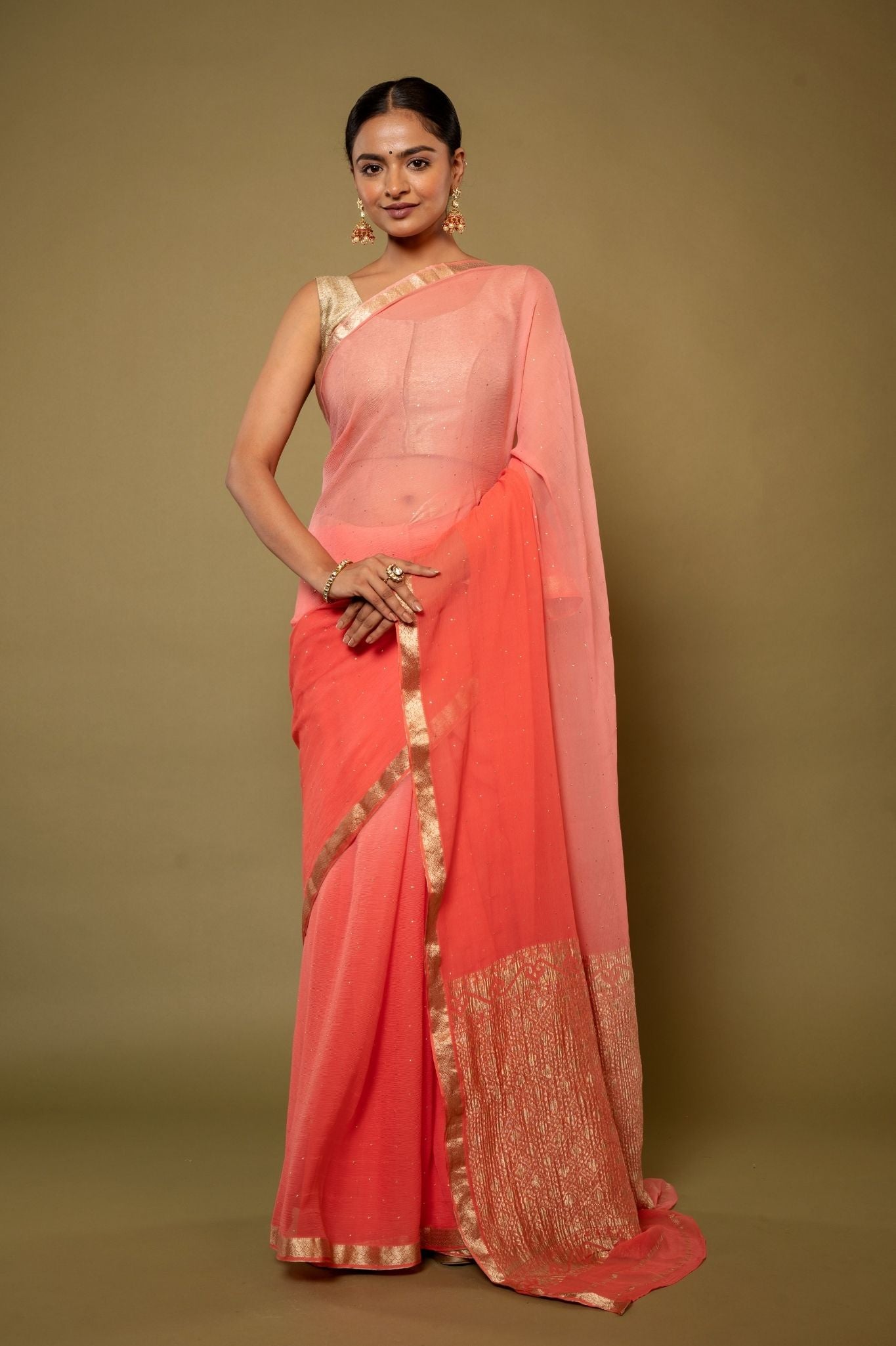 peach pure chiffon zari border  saree