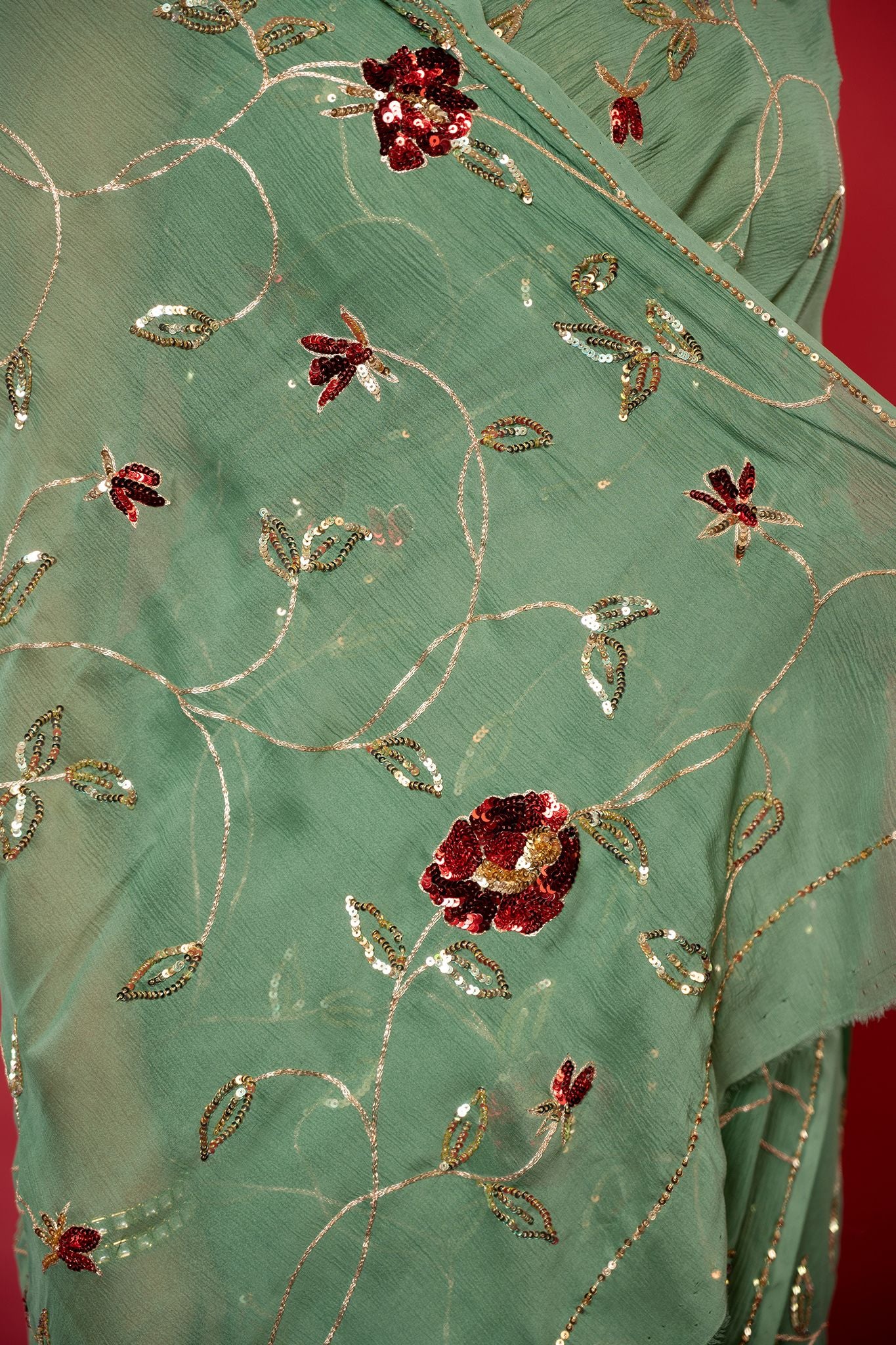 Oilve pure chiffon sequins  jaal handwork saree