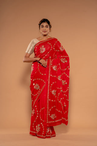 Gota Patti Tamatri Red Pure Platinum Chiffon Saree