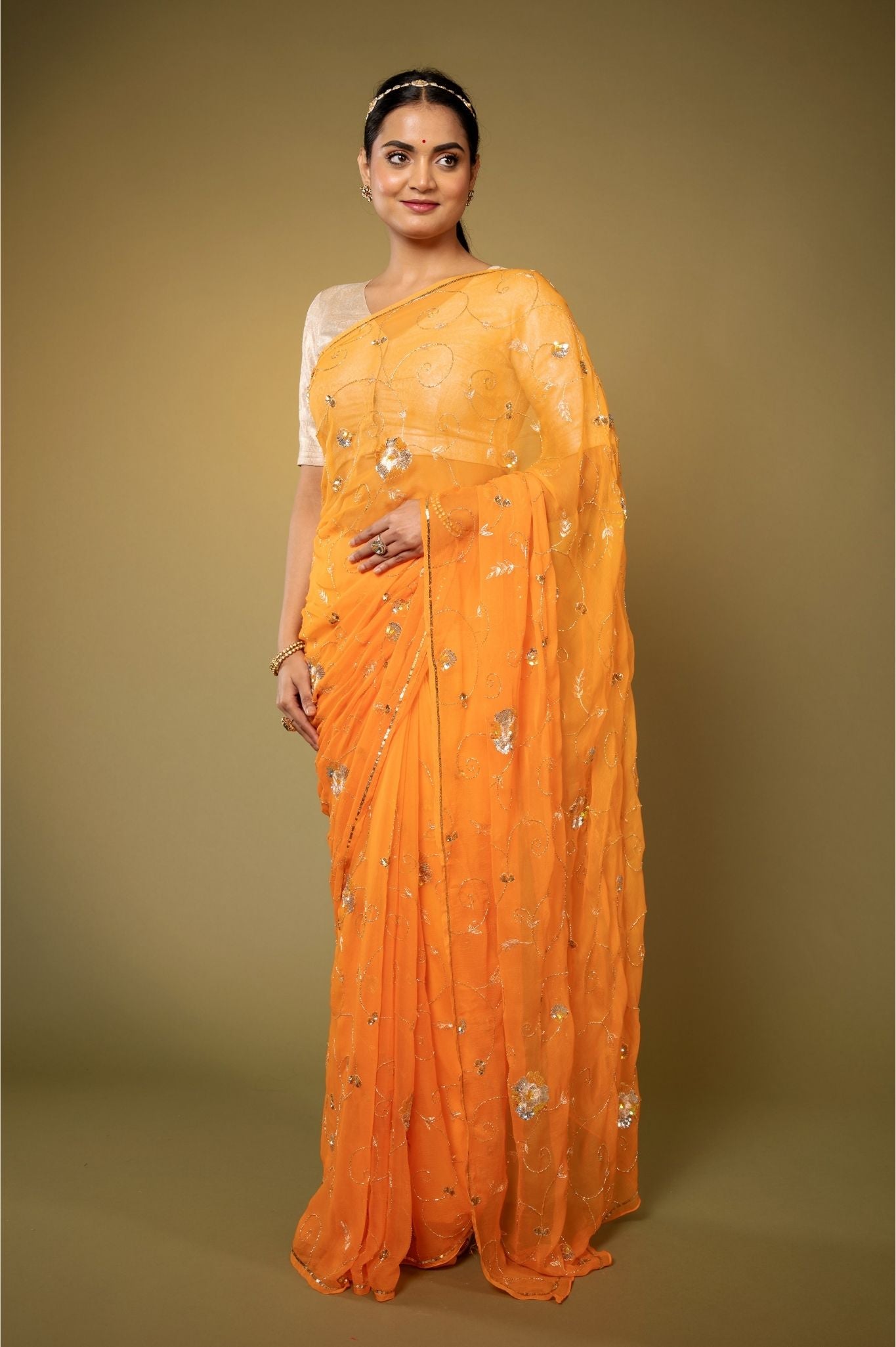 yellow Viscose Chiffon aari sequins  jaal handwork party wear saree