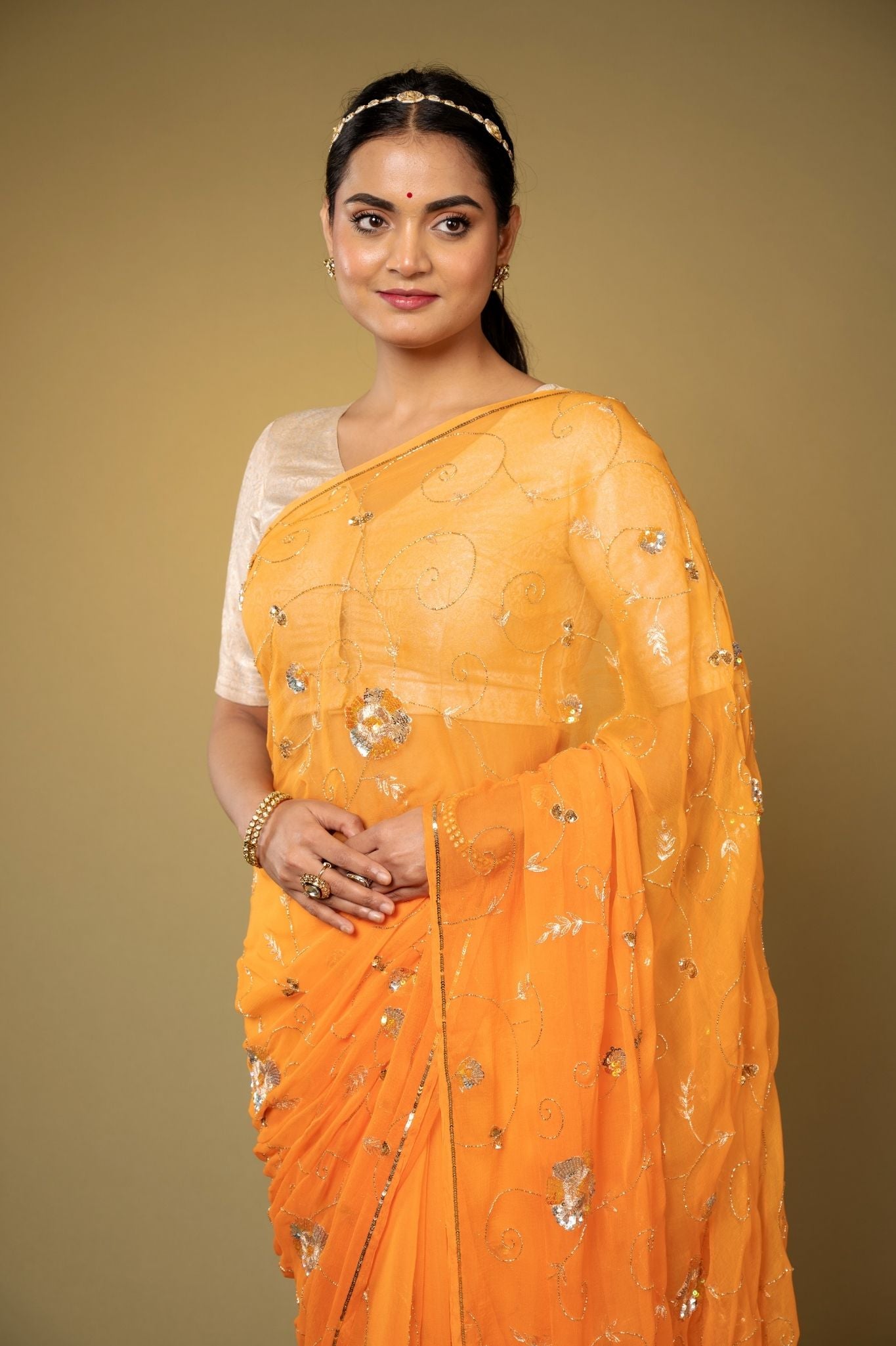 yellow Viscose Chiffon aari sequins  jaal handwork party wear saree