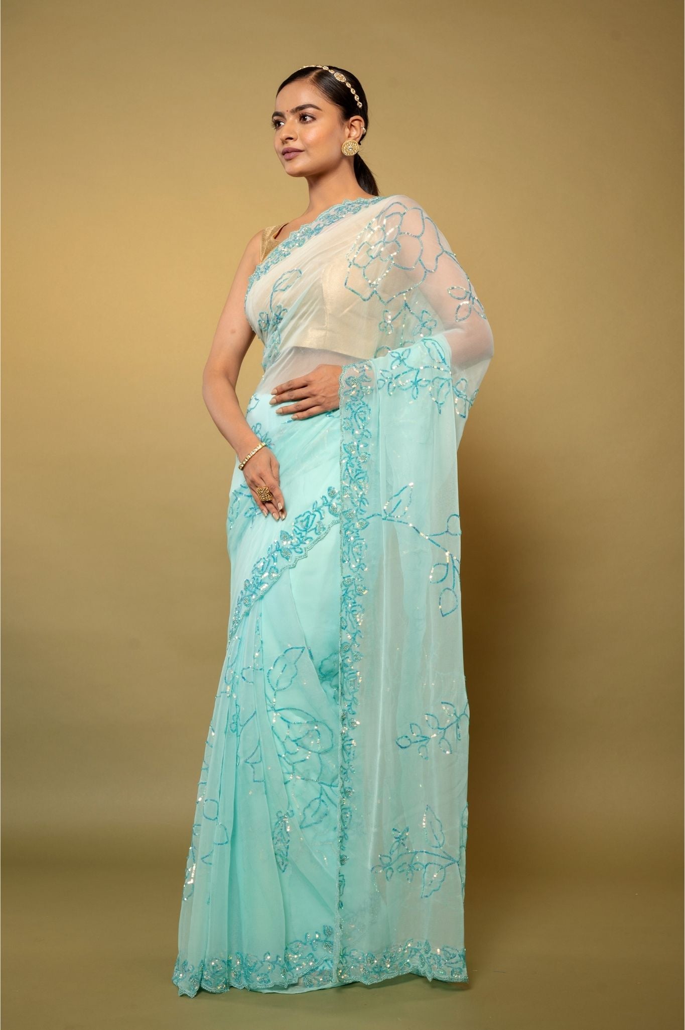 sky blue Viscose Chiffon sequins  handwork party wear saree
