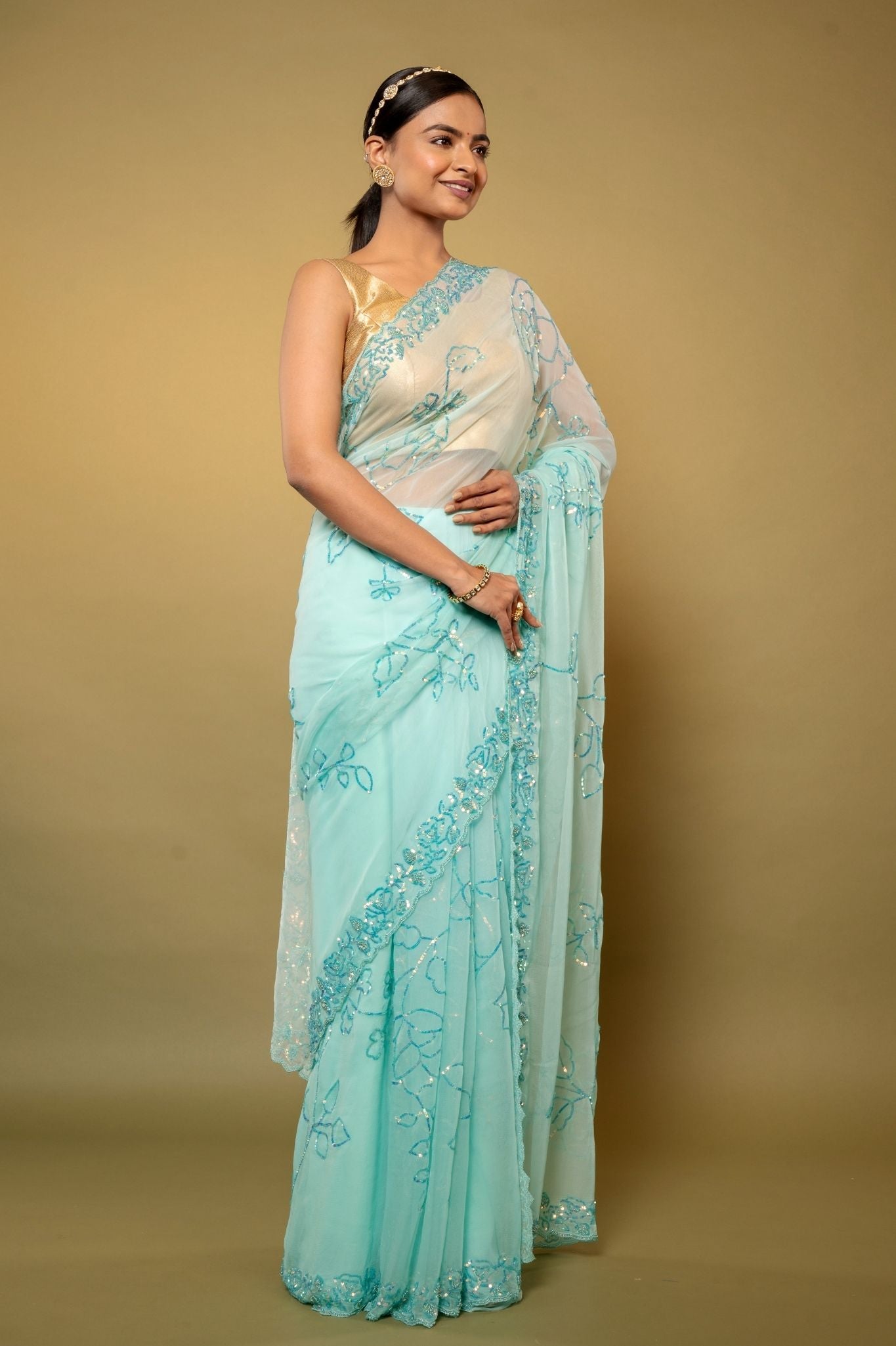 sky blue Viscose Chiffon sequins  handwork party wear saree