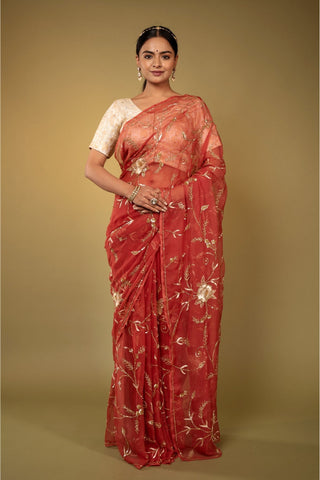 Brick Red Chiffon Saree