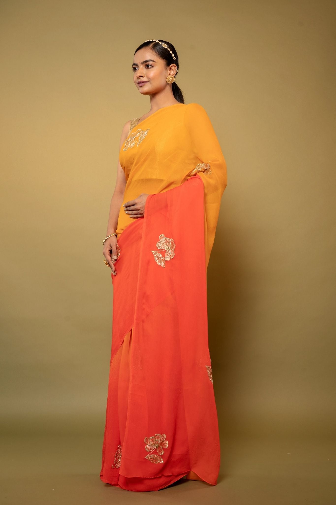 Orange light dark Viscose Chiffon aari sequins  handwork party wear saree