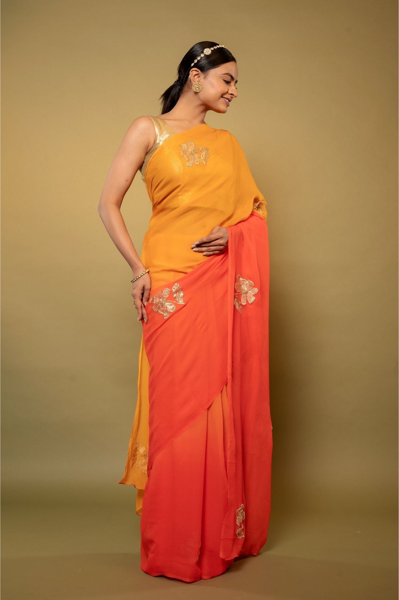 Orange light dark Viscose Chiffon aari sequins  handwork party wear saree