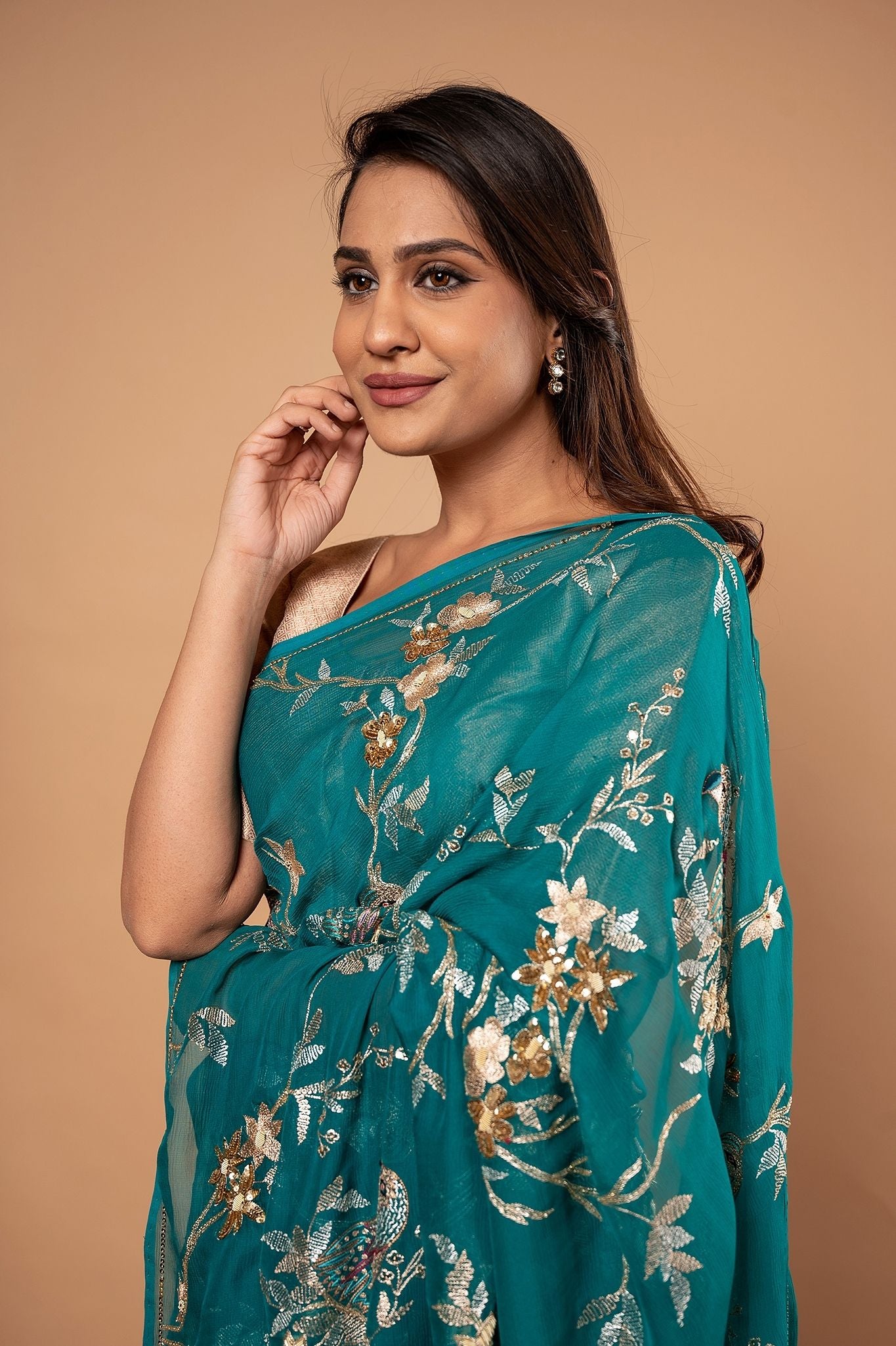 Rama pure chiffon aari sequnece zardozi resham jaal handwork saree