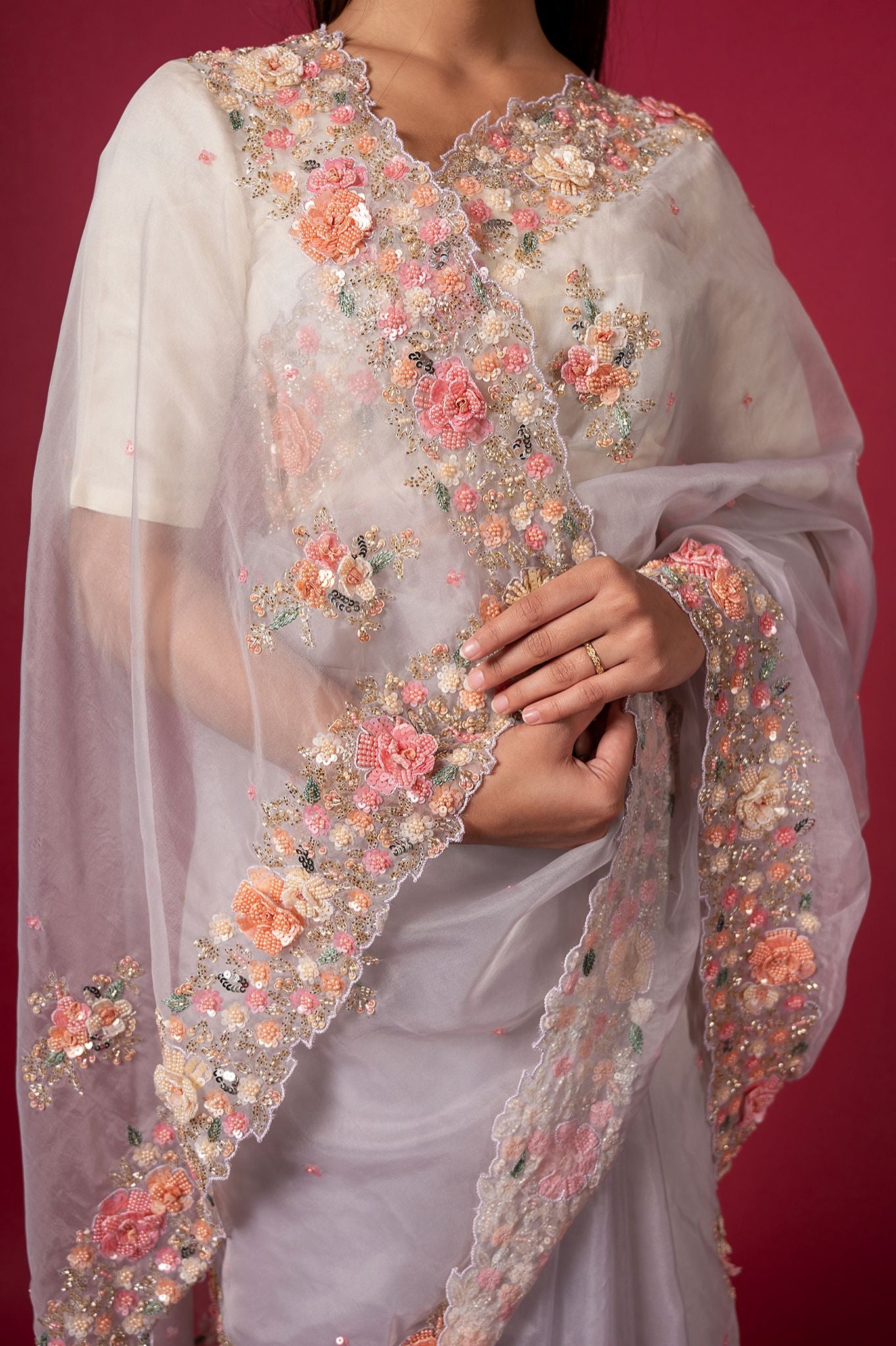 lavender organza  pearl  sequins kardana resham handwork saree