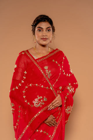 Gota Patti Tamatri Red Pure Platinum Chiffon Saree