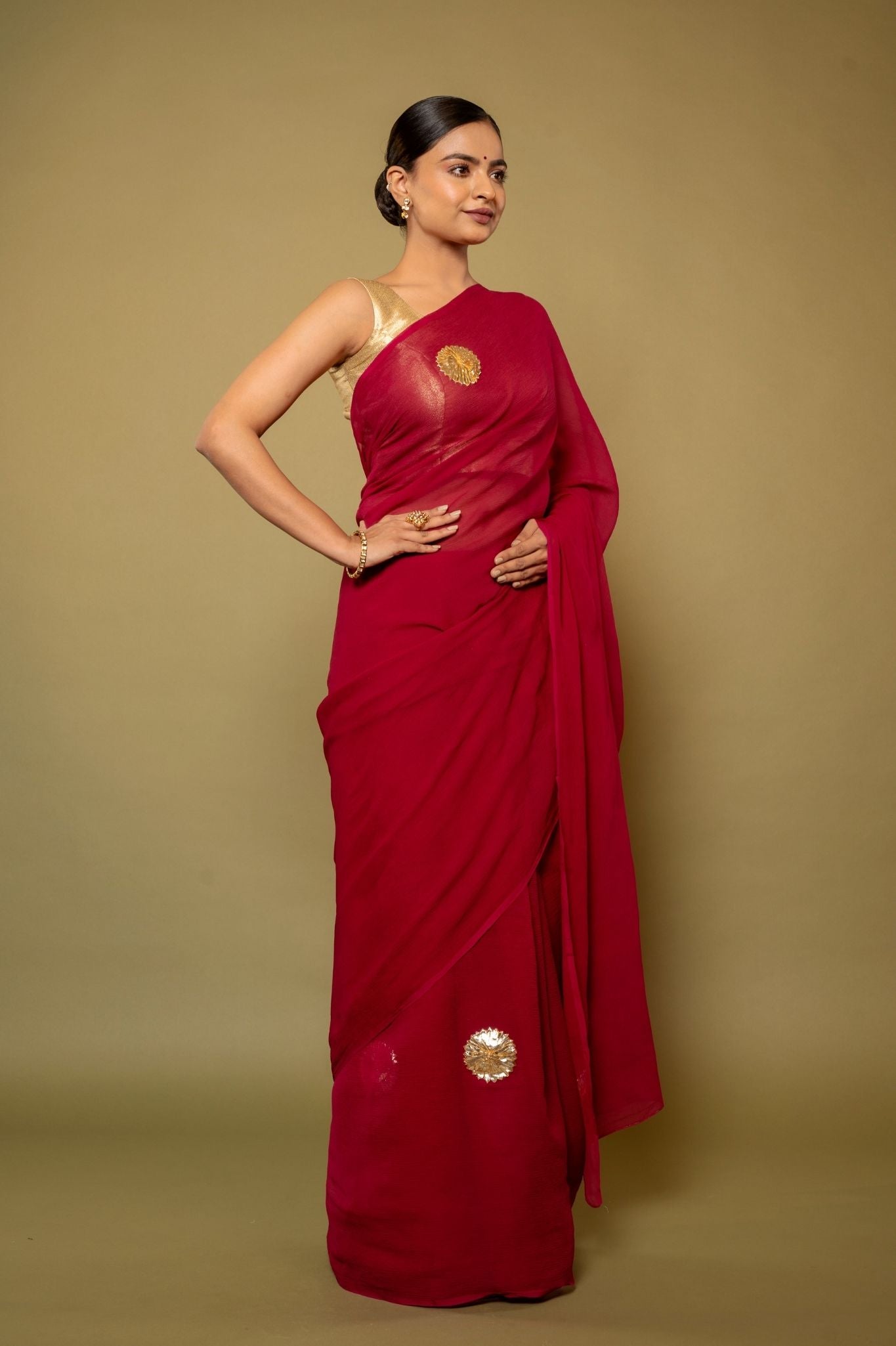 Wine pure chiffon real Silver Champa phool handwork saree