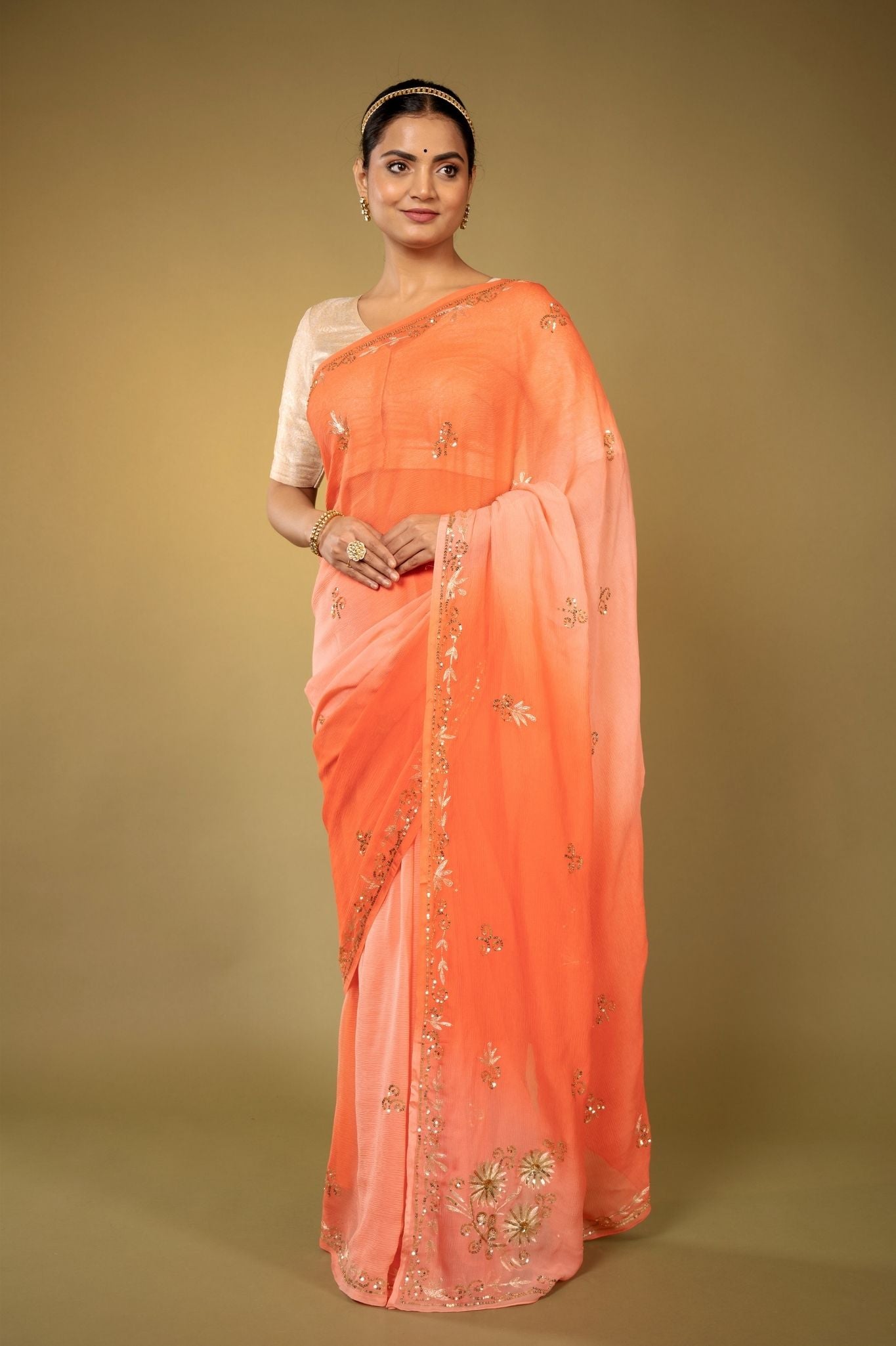 Peach light dark Viscose Chiffon aari sequins   handwork party wear saree