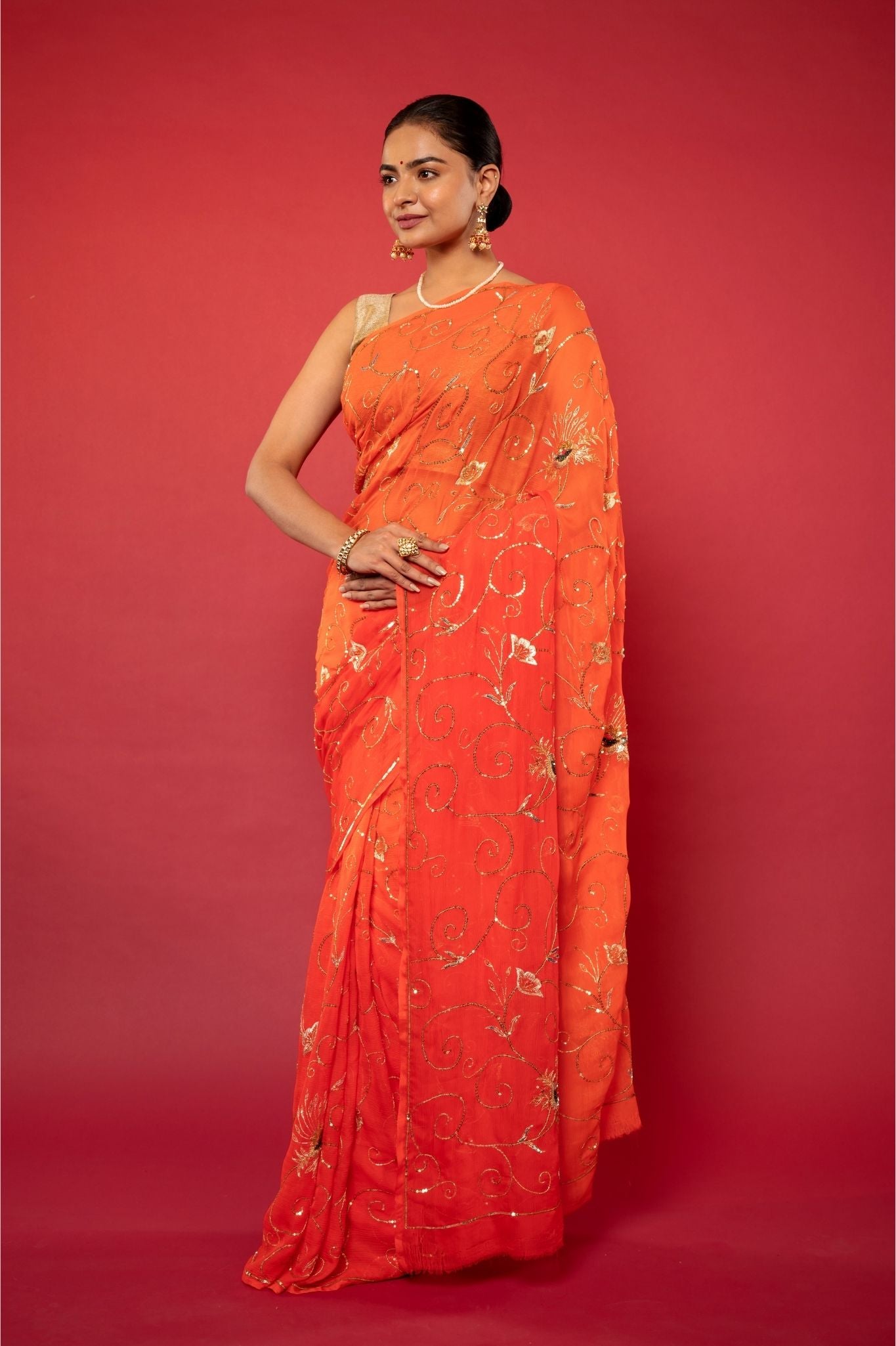 Maria Orange Pure Chiffon Saree