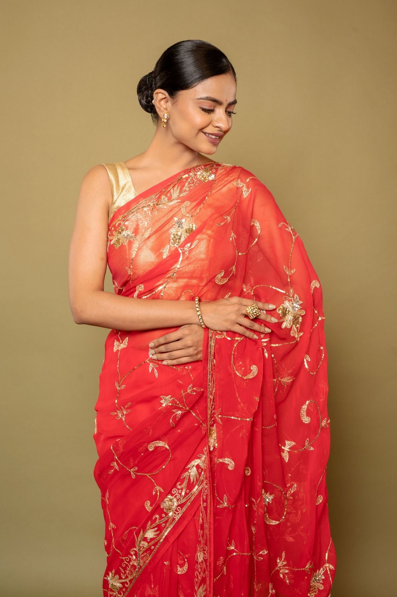 Tamatri Red Viscose  aari sequins  jaal handwork saree