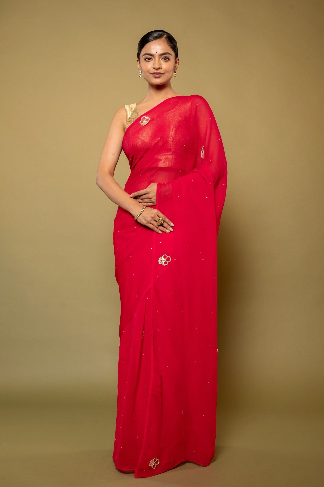 Raspbeery red pure platinum Chiffon real silver butti  handwork saree
