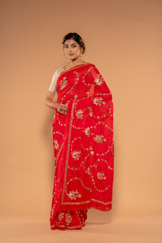 Gota Patti Tamatri Red Pure Platinum Chiffon Saree