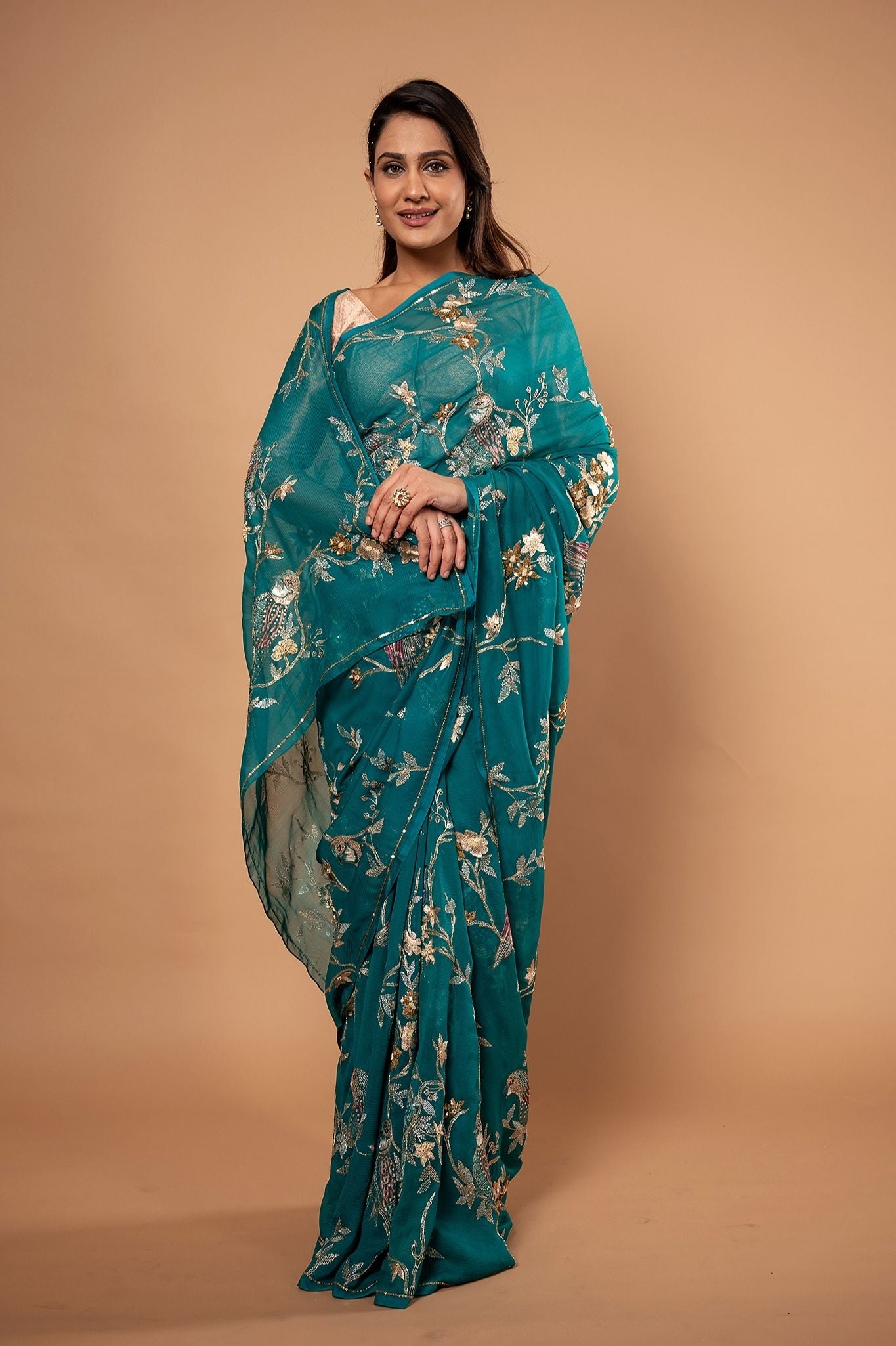 Rama pure chiffon aari sequnece zardozi resham jaal handwork saree