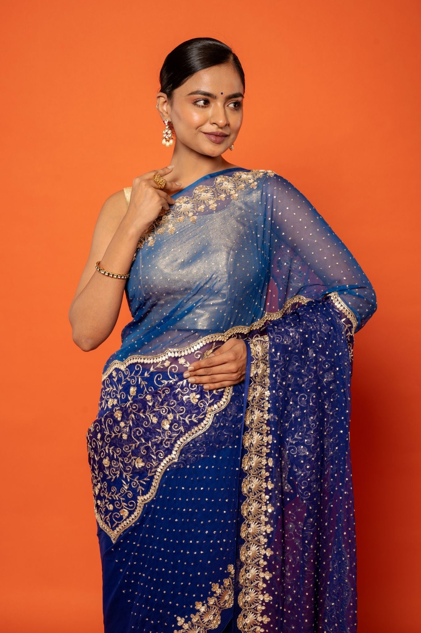 Royal Blue Viscose Chiffon Aari sequins  pearl handwork party wear saree