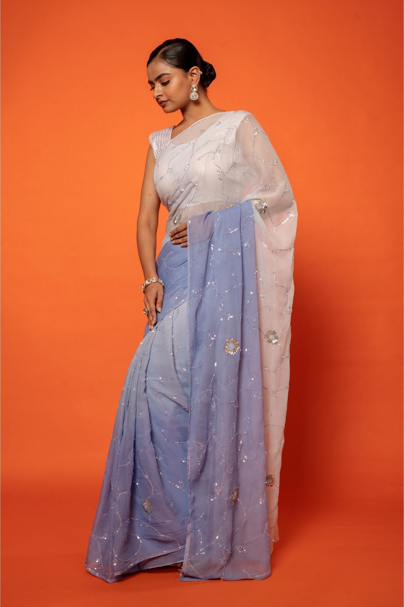 Sky Blue light dark Pure Platinum Chiffon sequins  jaal  handwork saree