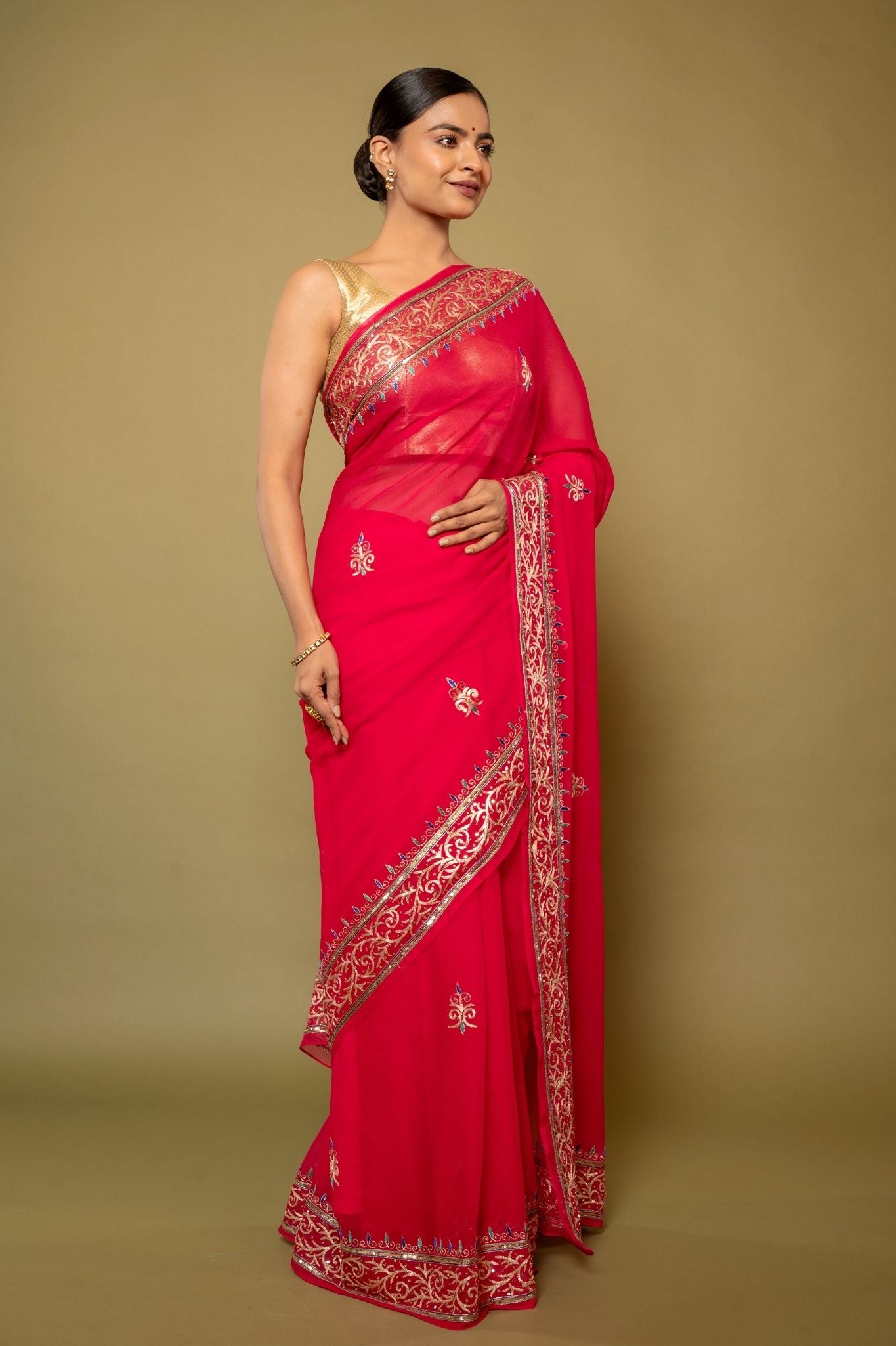 Rani Pure Platinum Chiffon aari resham border butti handwork saree