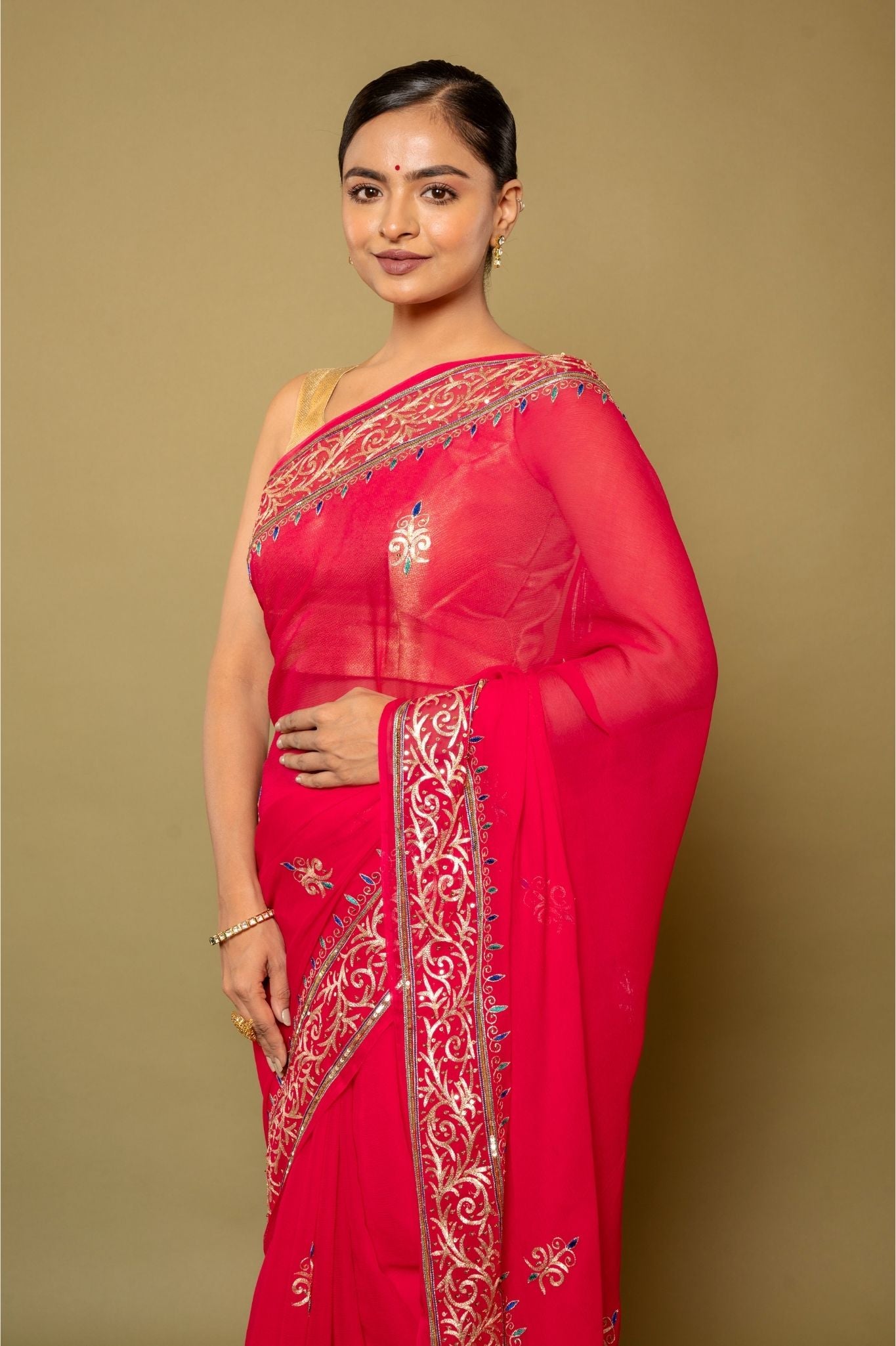 Rani Pure Platinum Chiffon aari resham border butti handwork saree