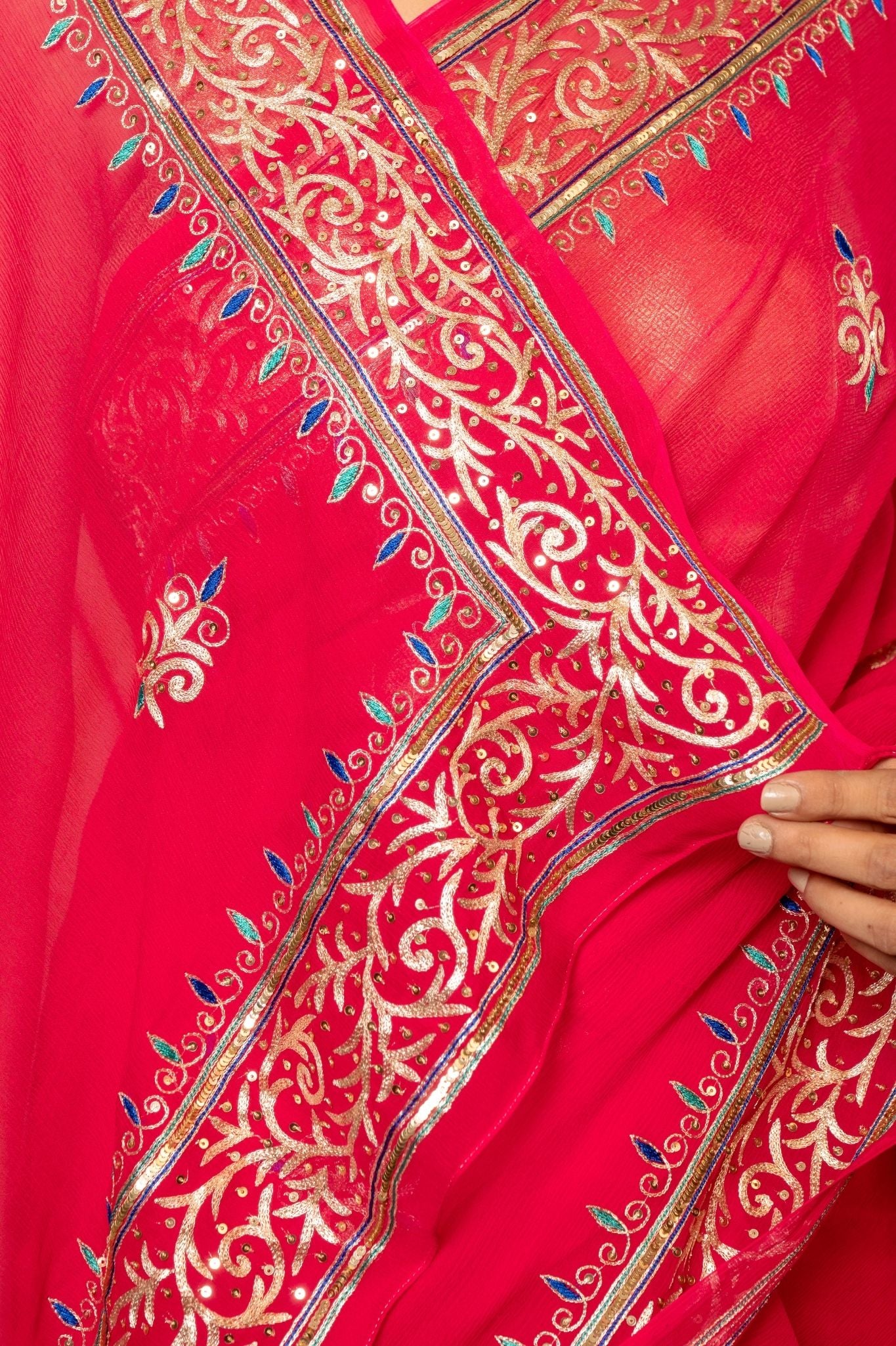 Rani Pure Platinum Chiffon aari resham border butti handwork saree
