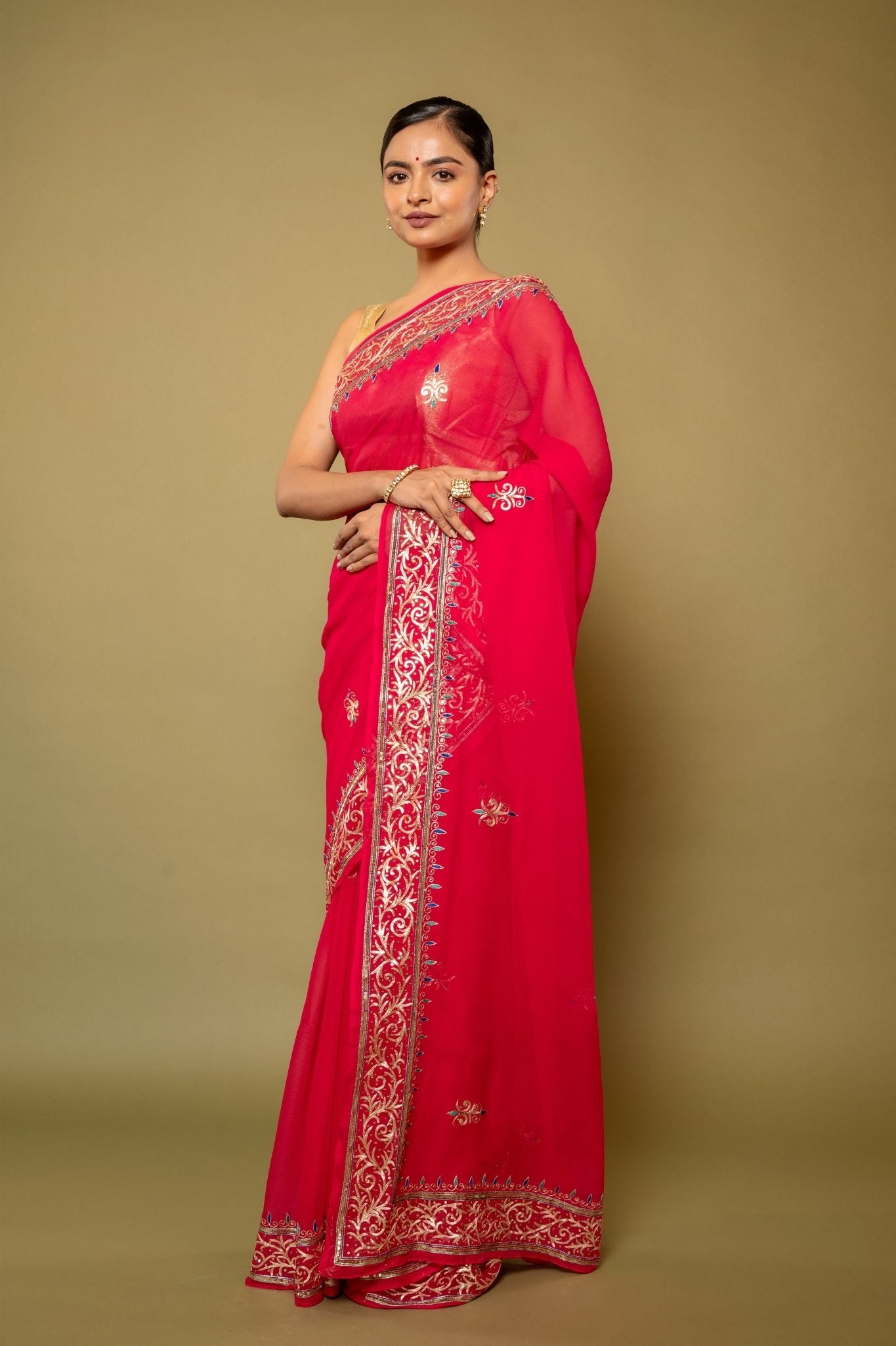 Rani Pure Platinum Chiffon aari resham border butti handwork saree