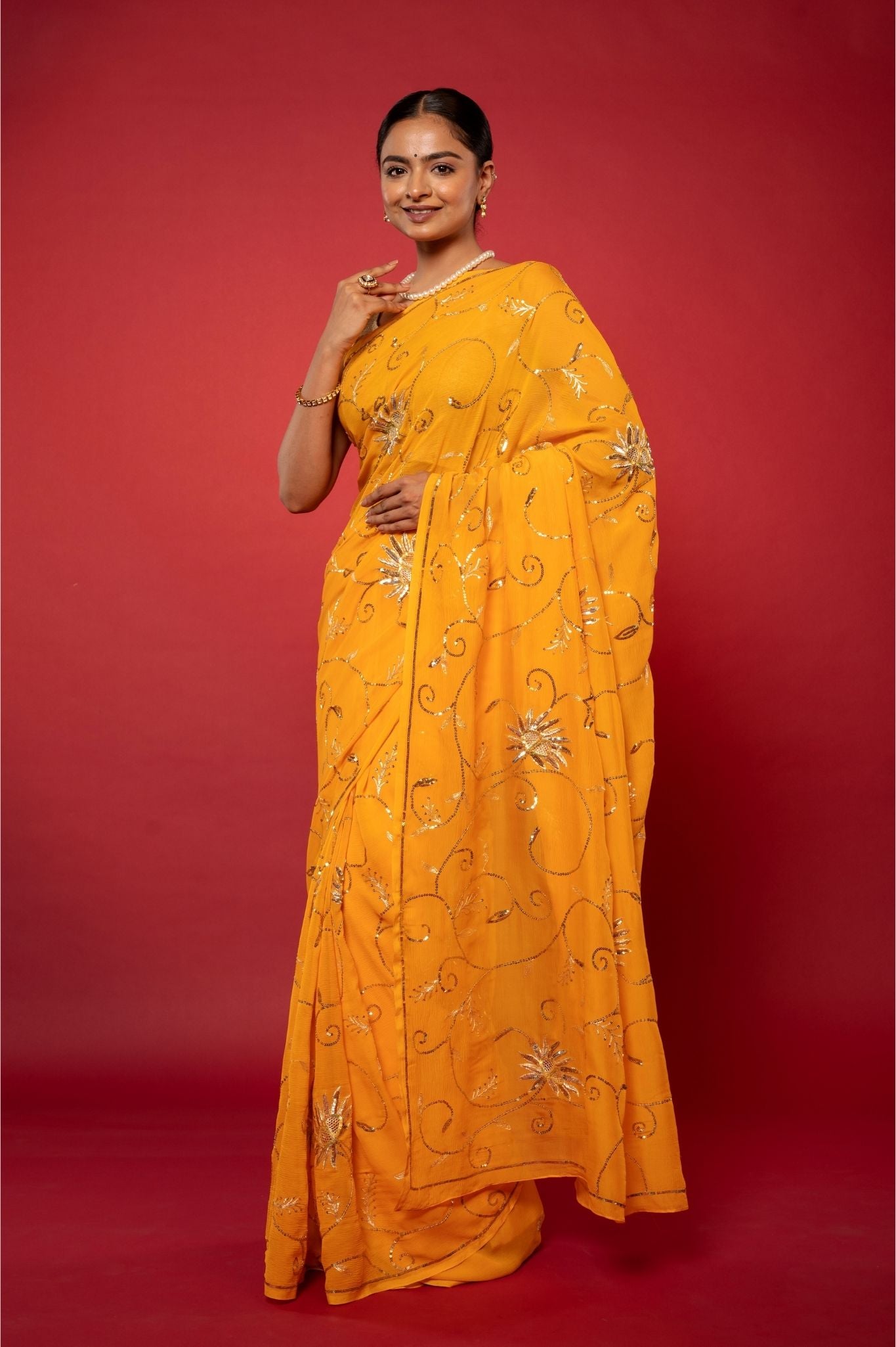 yellow pure chiffon aari sequins  jaal handwork saree