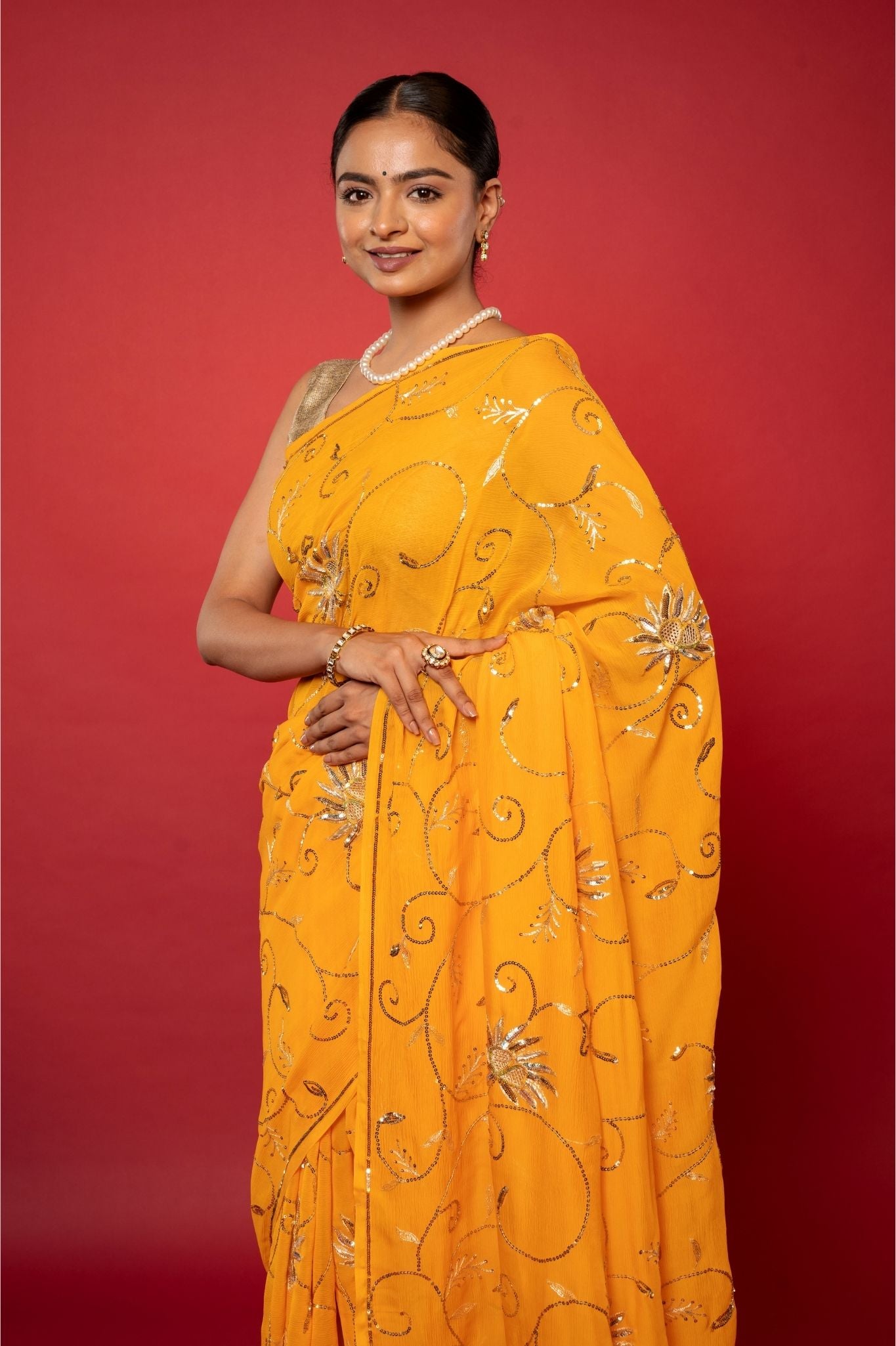 yellow pure chiffon aari sequins  jaal handwork saree