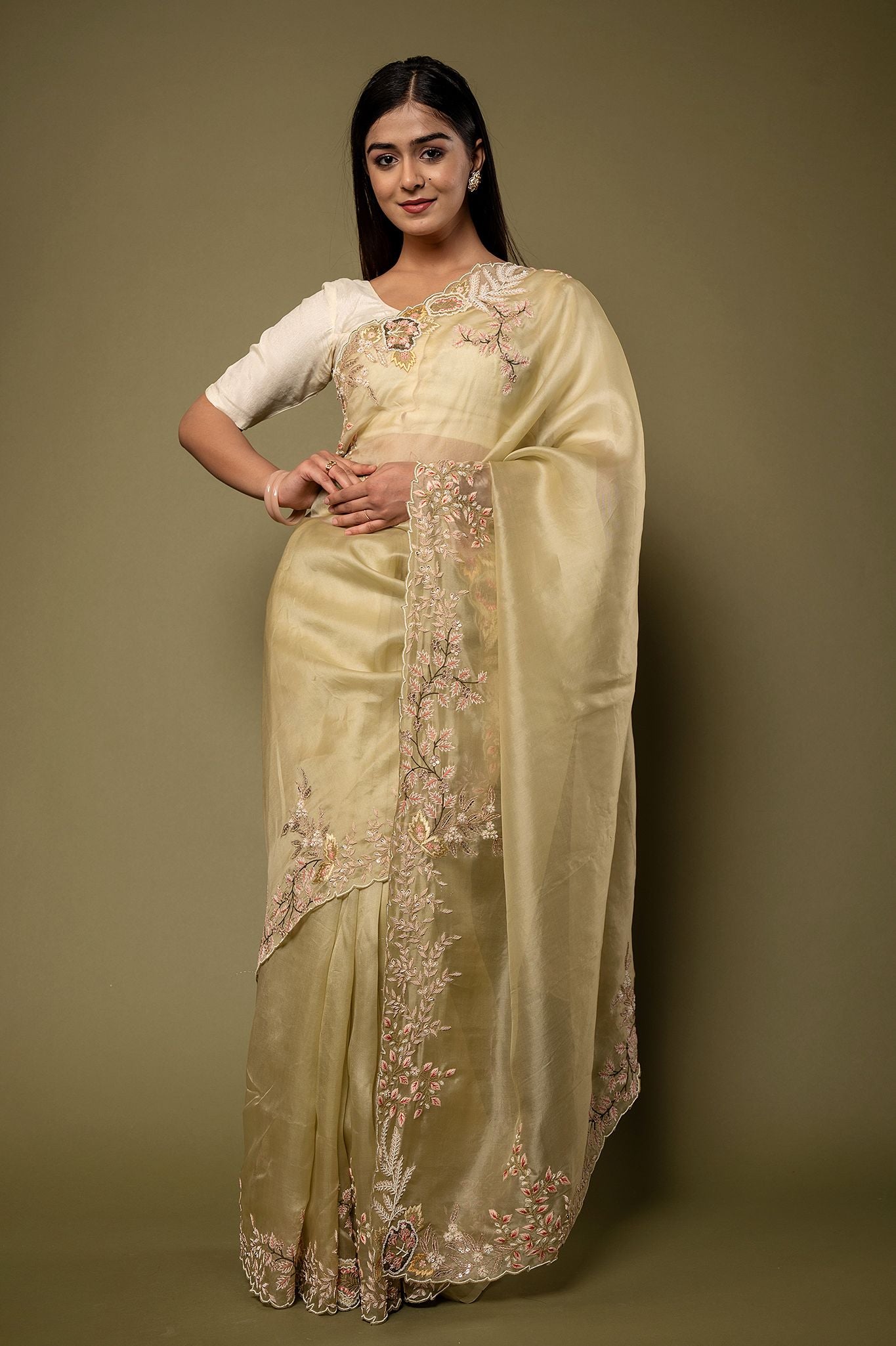Olive green organza  Resham French Knot Dabka border butti handwork saree
