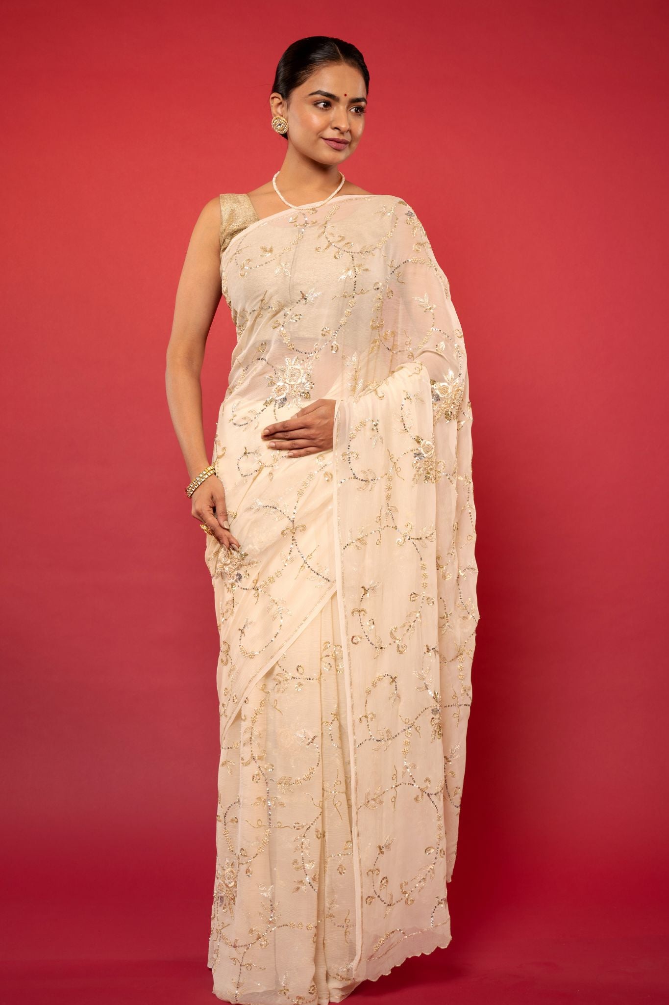 Creme pure chiffon aari sequins  jaal handwork saree